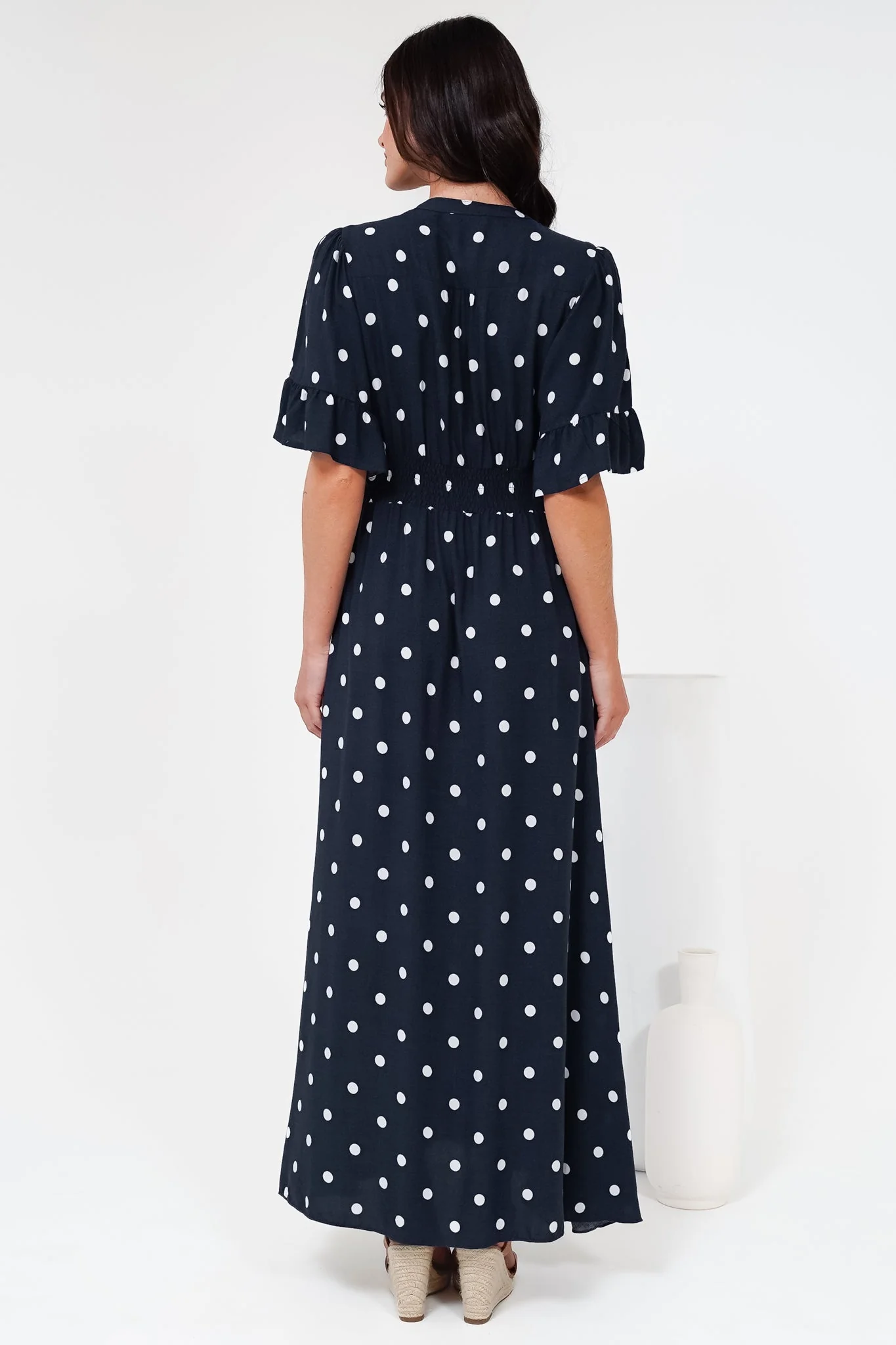 Jemina Maxi Dress - V-Neck Elasticated Waist A-Line Dress in Parisian Polka Print Navy - Image 9