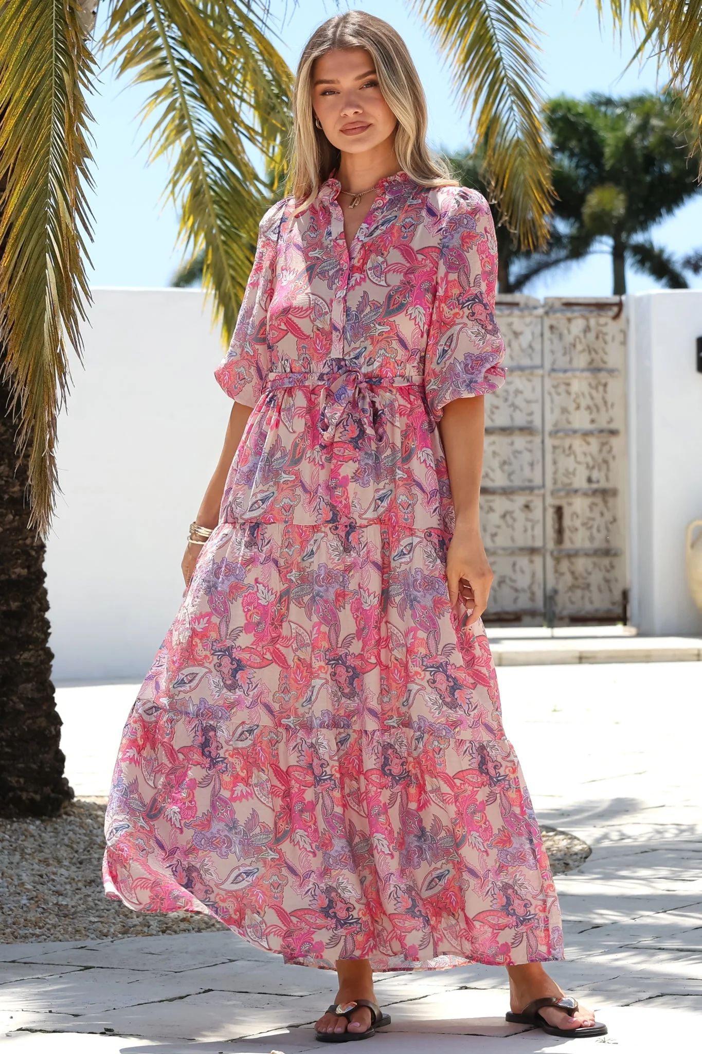 Jenni Maxi Dress - Frill Collar 3/4 Sleeve Dress with Waist Tie in Hopewell Print Pink