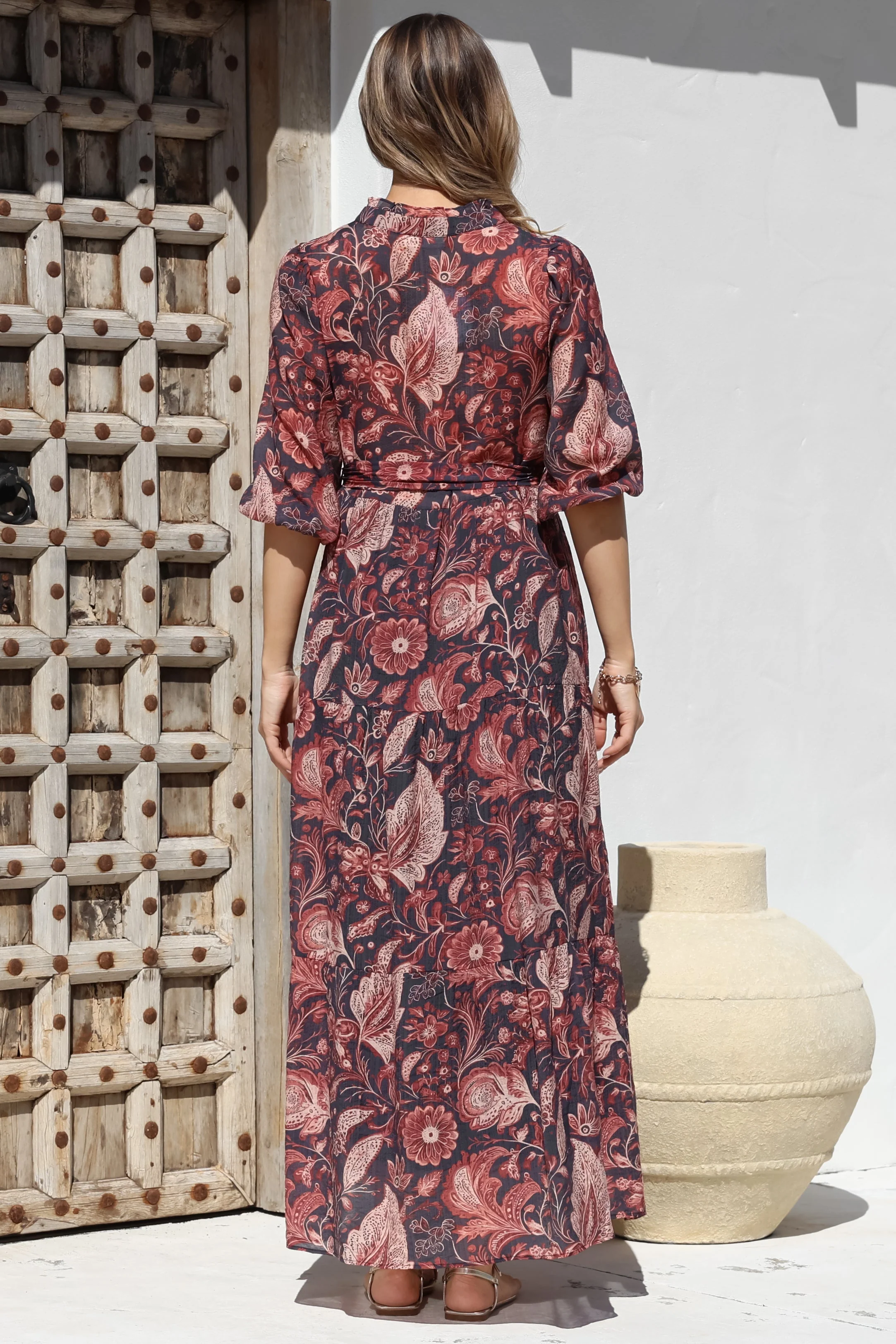 Jenni Maxi Dress - Frill Collar 3/4 Sleeve Dress with Waist Tie in Narah Print - Image 11