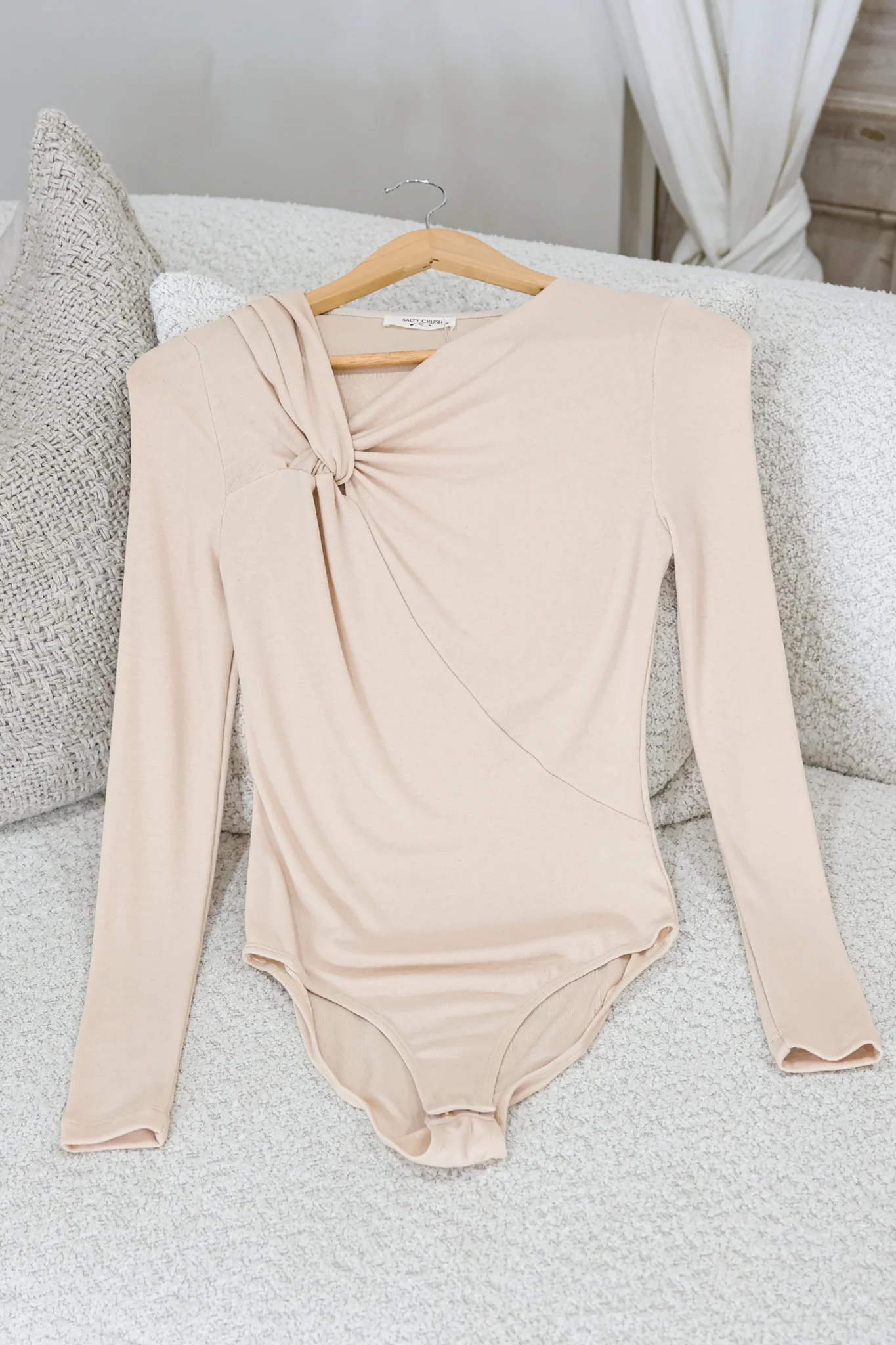 Jessica Bodysuit - Asymmetric Tie Knot Neckline and Push Button Closure in Cream - Image 2