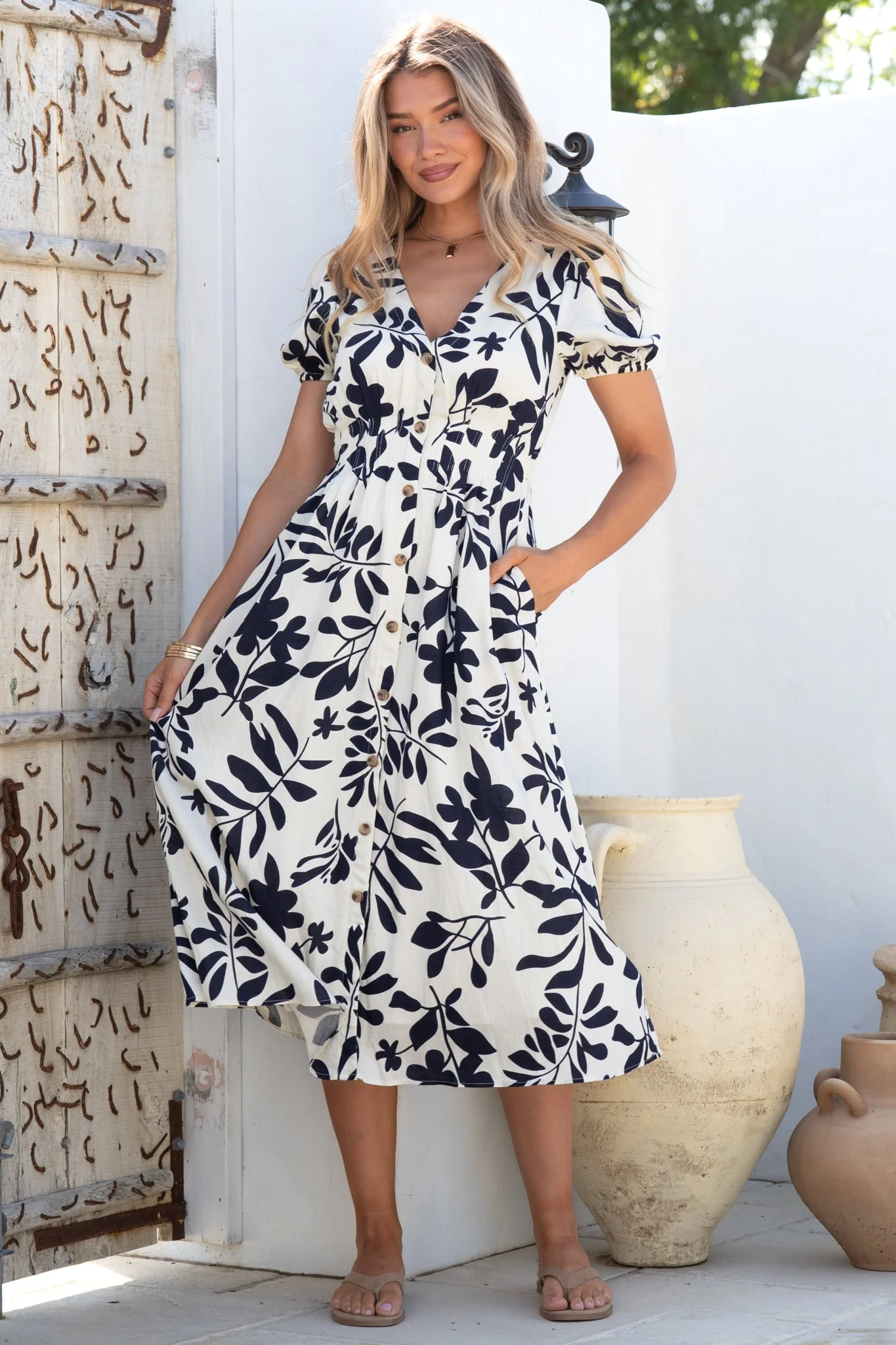 Jillie Midi Dress - V Neck Button Down Dress with Pockets in Avaria Print - Image 6