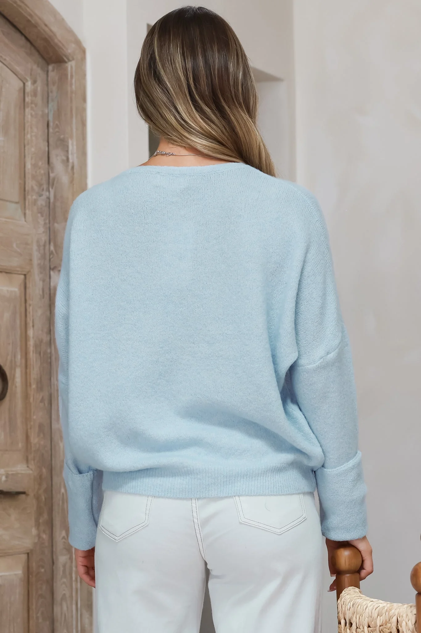 Joanne Knit Top - Crew Neckline Bat Wing Long Sleeve Top in Baby Blue - Image 8
