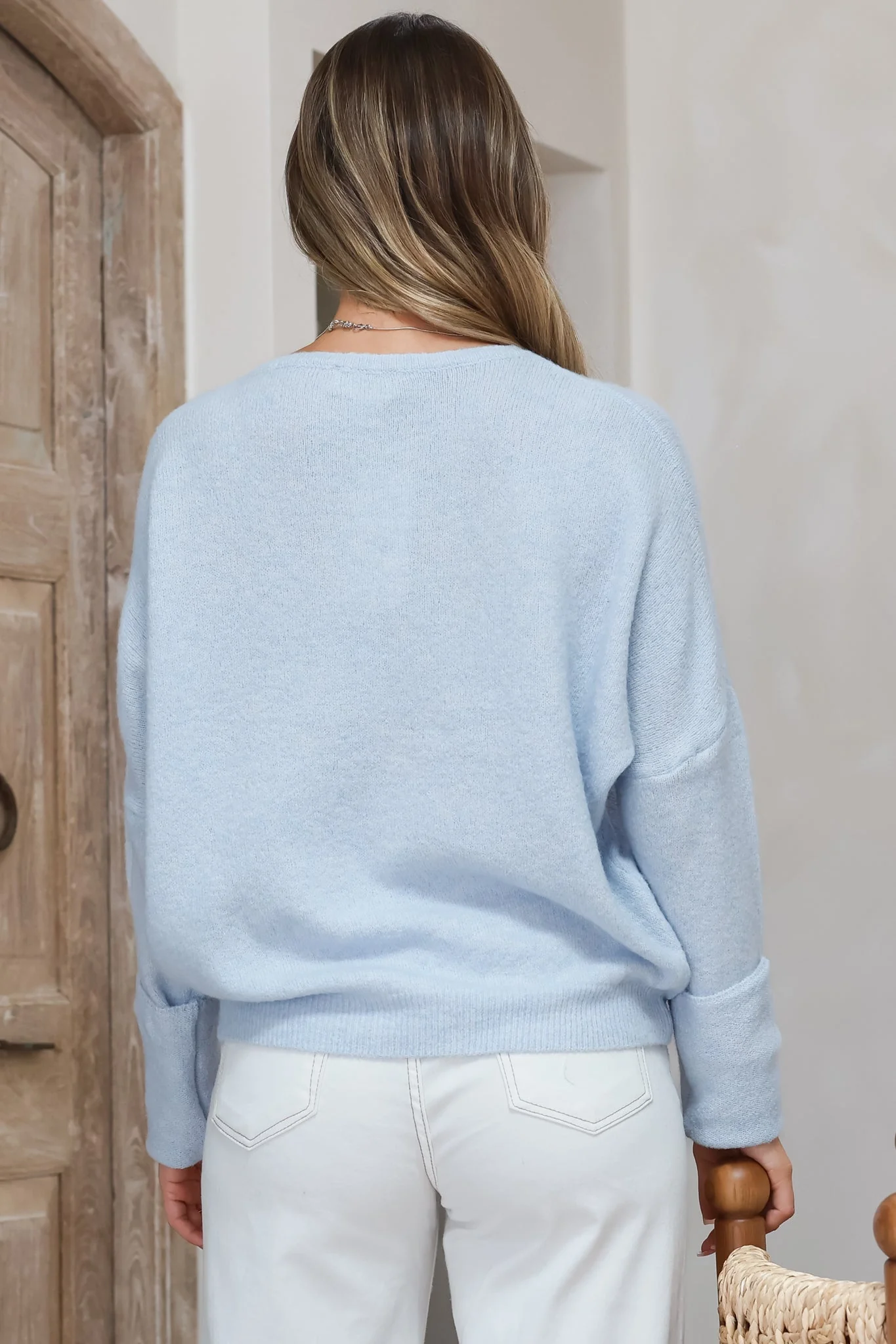 Joanne Knit Top - Crew Neckline Bat Wing Long Sleeve Top in Light Blue - Image 8