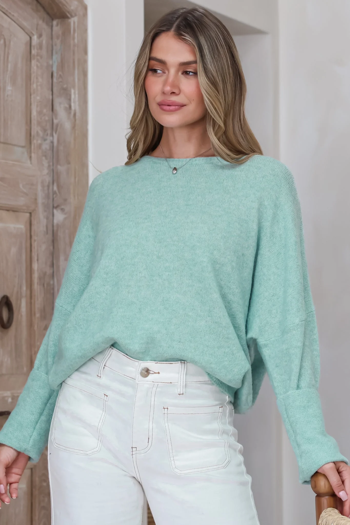 Joanne Knit Top - Crew Neckline Bat Wing Long Sleeve Top in Light Green - Image 2