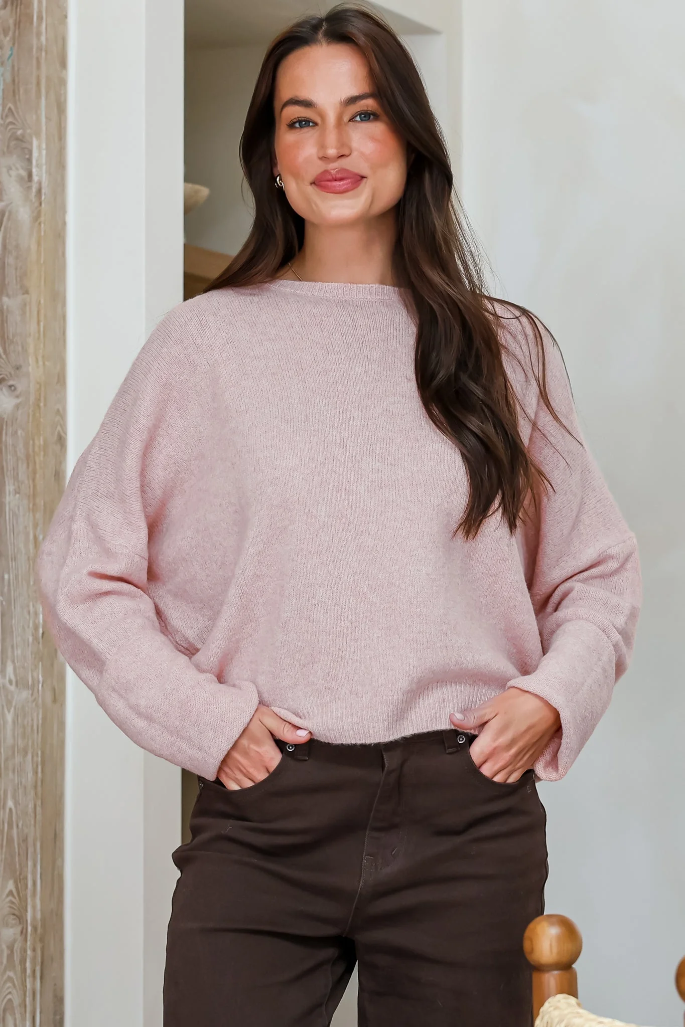 Joanne Knit Top - Crew Neckline Bat Wing Long Sleeve Top in Pale Pink - Image 3
