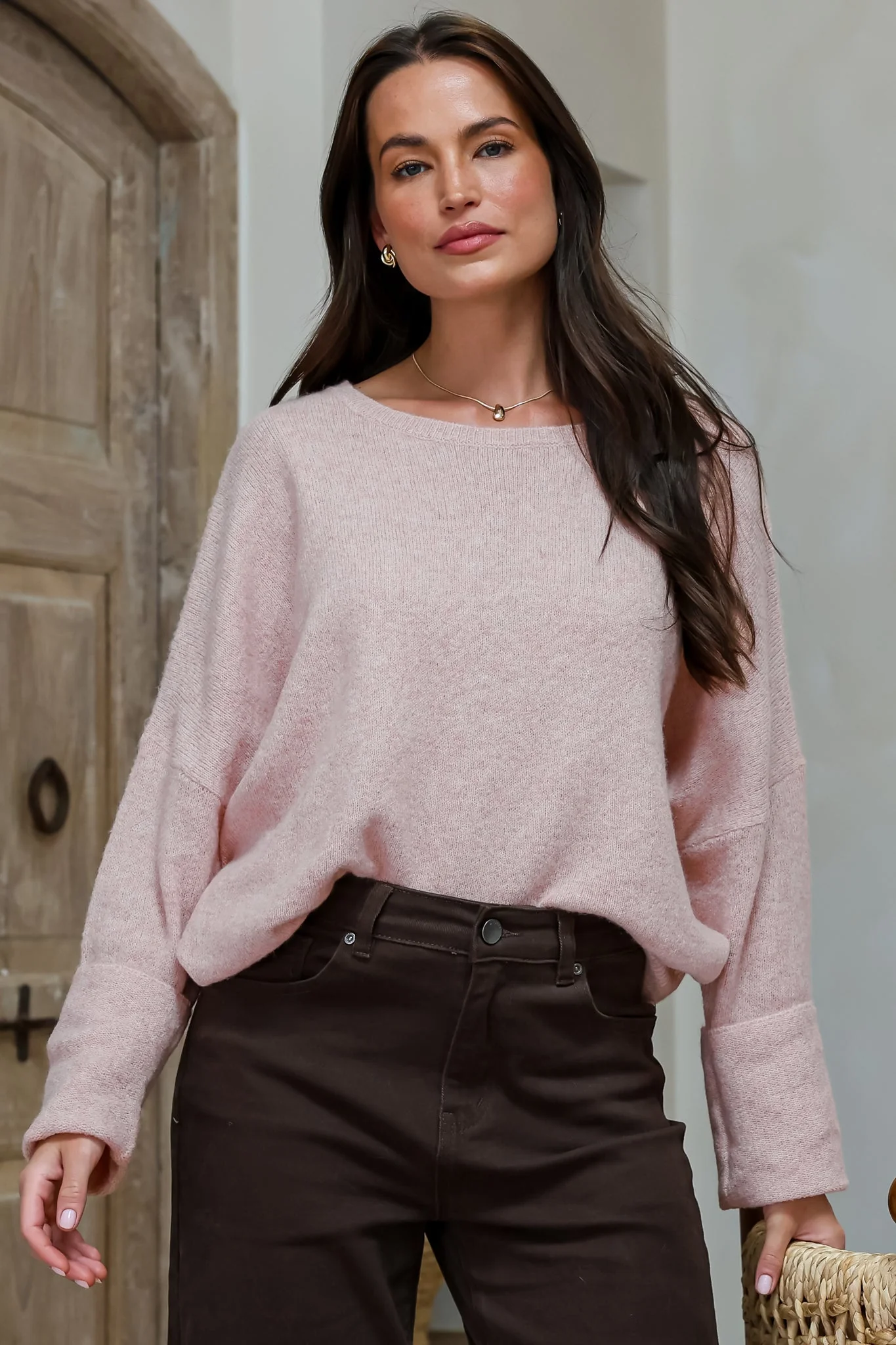 Joanne Knit Top - Crew Neckline Bat Wing Long Sleeve Top in Pale Pink - Image 4