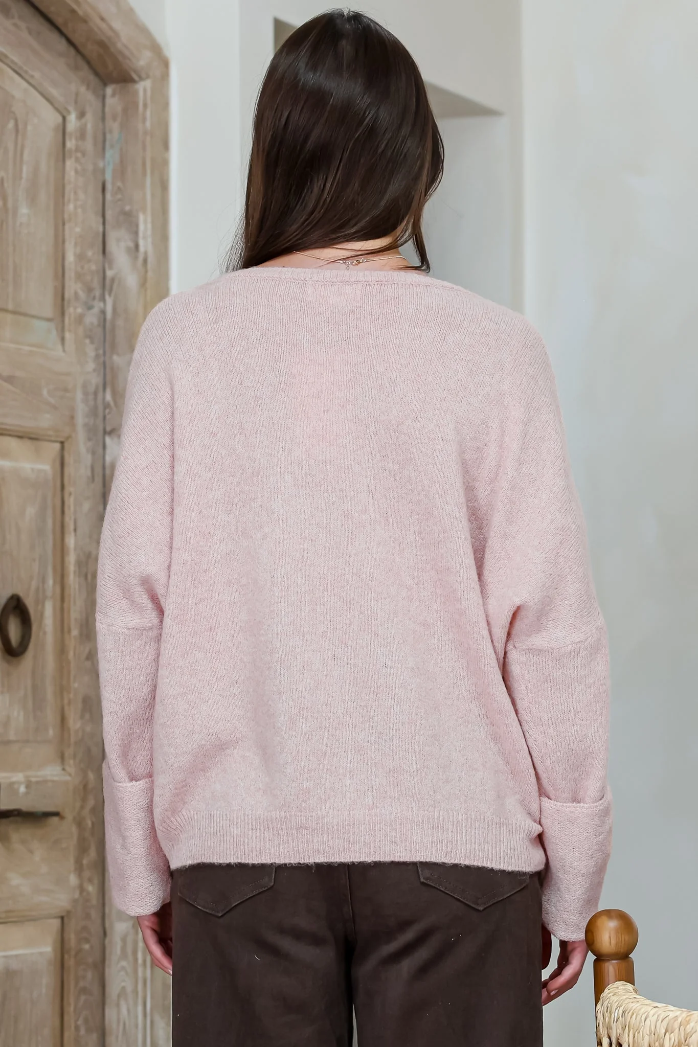 Joanne Knit Top - Crew Neckline Bat Wing Long Sleeve Top in Pale Pink - Image 7