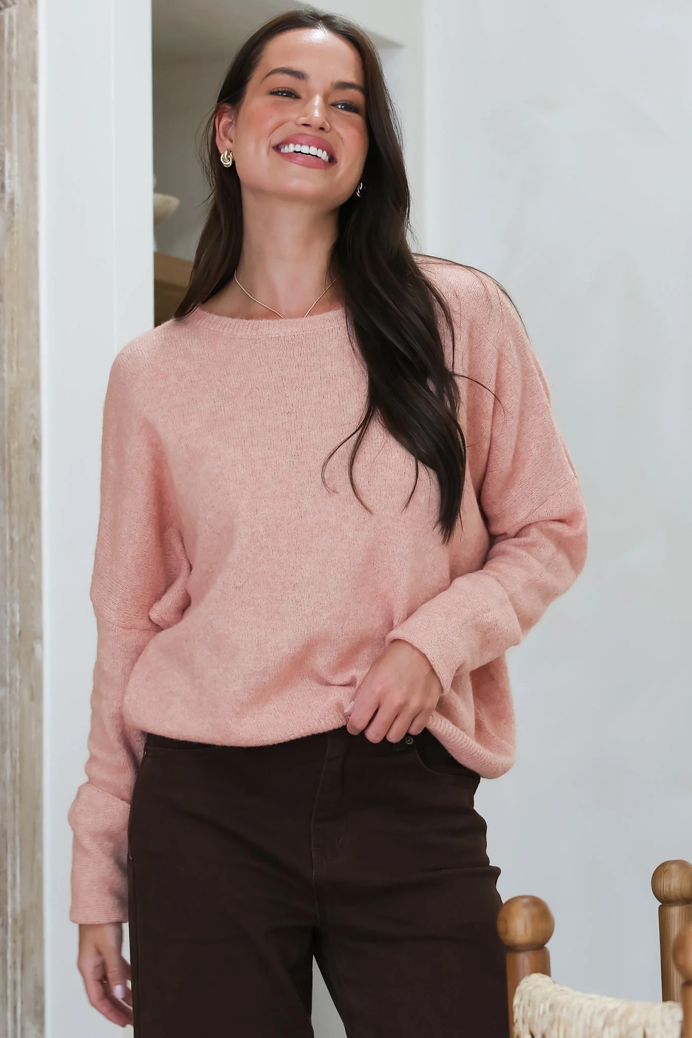 Joanne Knit Top - Crew Neckline Bat Wing Long Sleeve Top in Rose Pink - Image 3