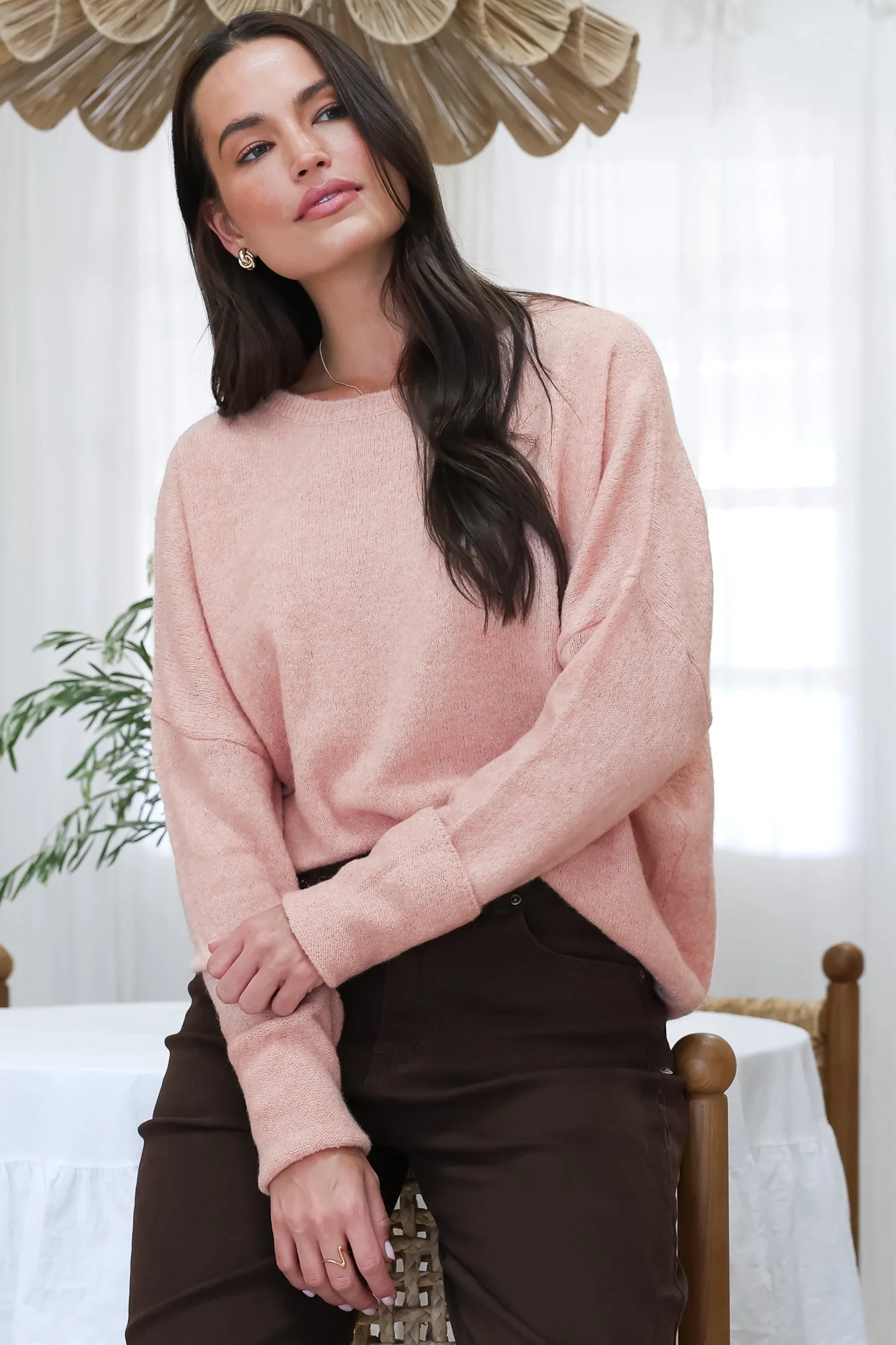 Joanne Knit Top - Crew Neckline Bat Wing Long Sleeve Top in Rose Pink - Image 4