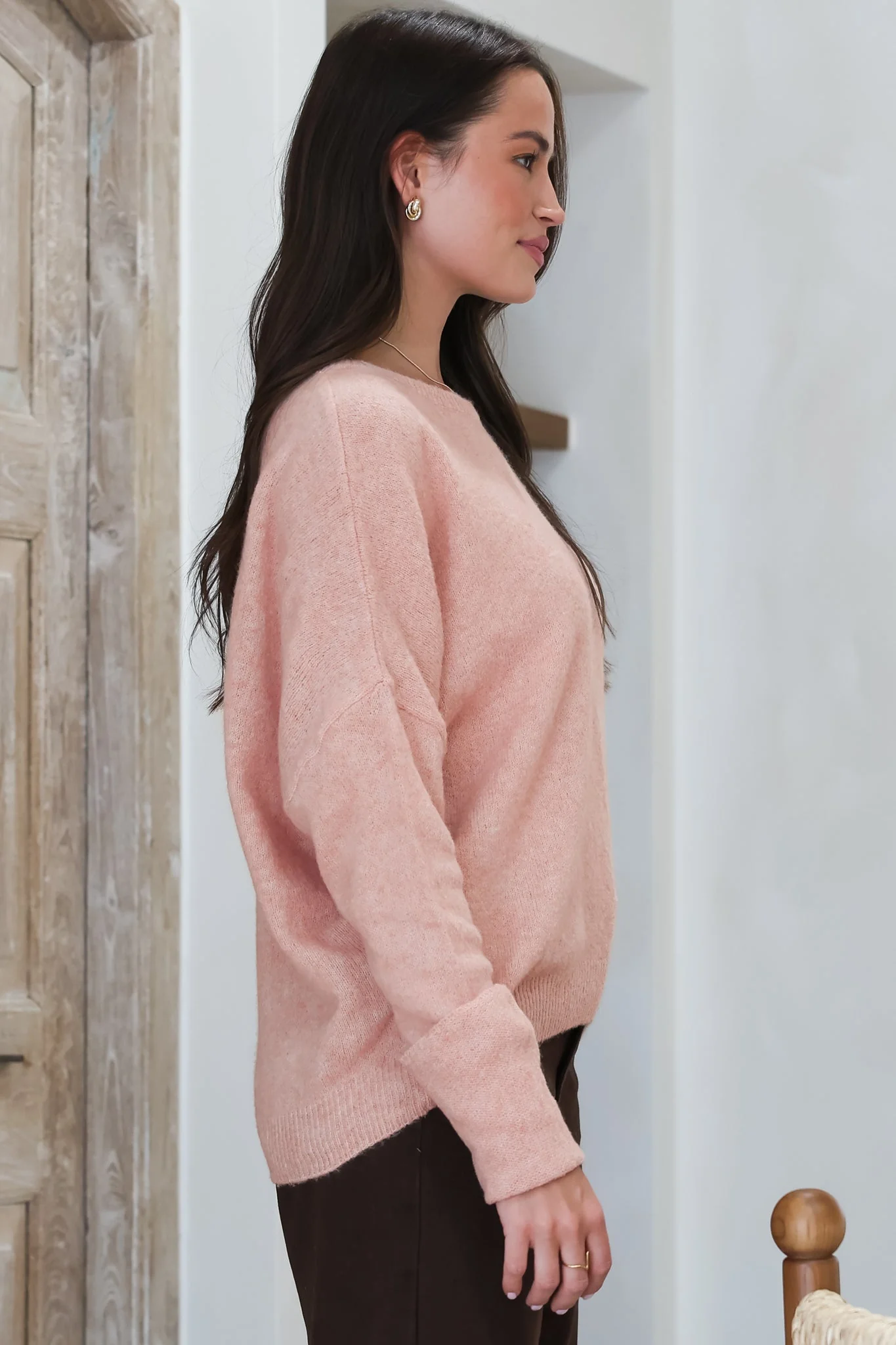 Joanne Knit Top - Crew Neckline Bat Wing Long Sleeve Top in Rose Pink - Image 7