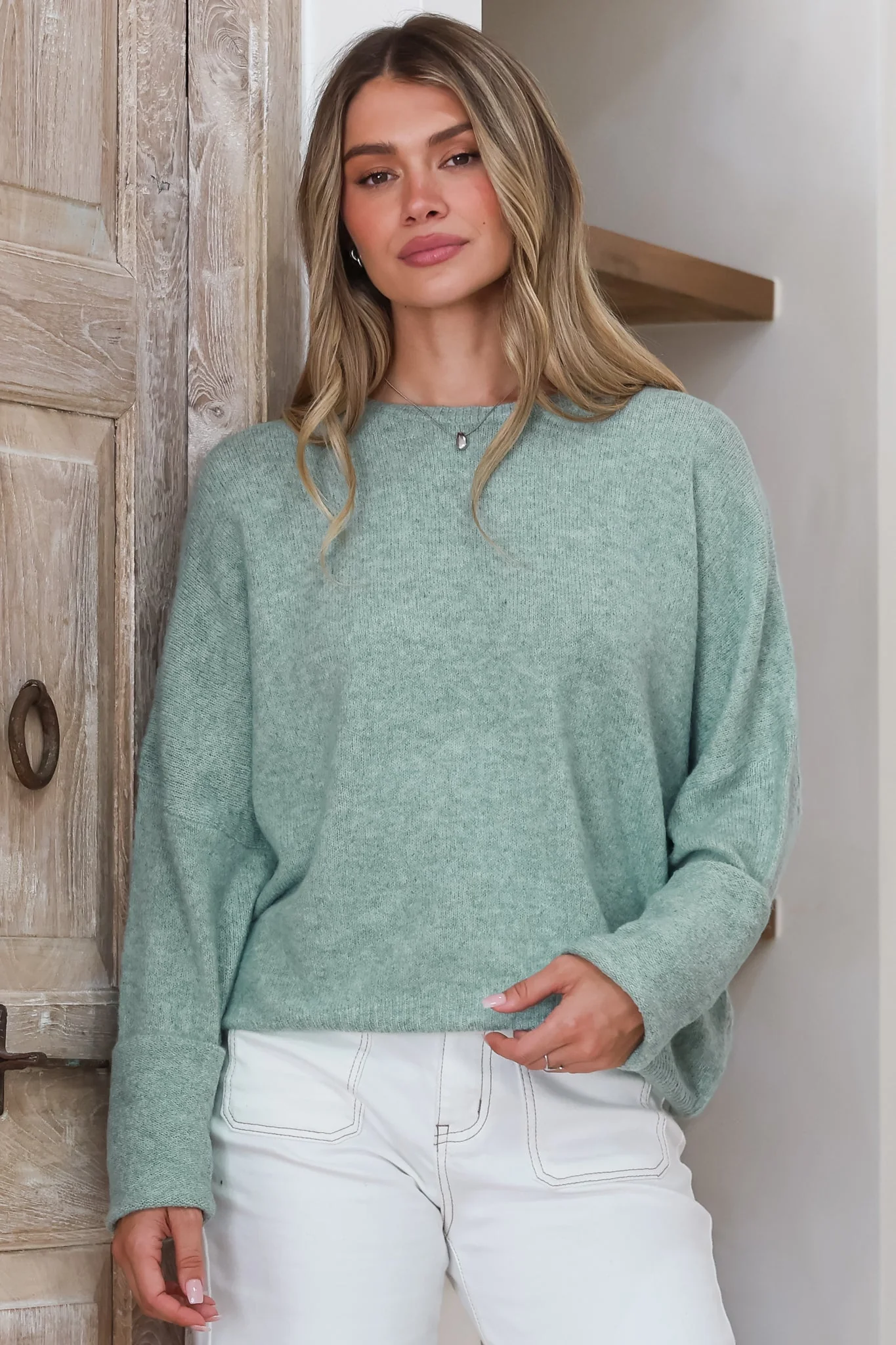 Joanne Knit Top - Crew Neckline Bat Wing Long Sleeve Top in Sea Green - Image 3