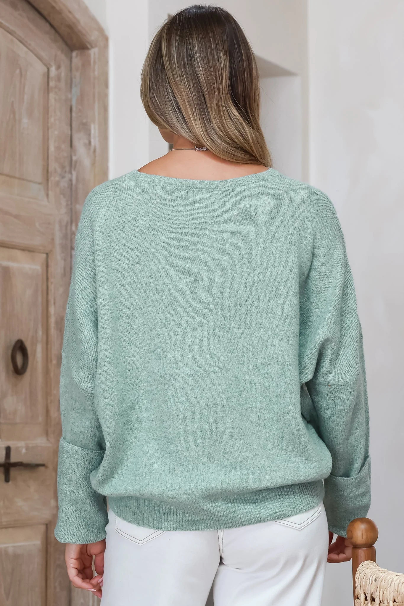 Joanne Knit Top - Crew Neckline Bat Wing Long Sleeve Top in Sea Green - Image 7