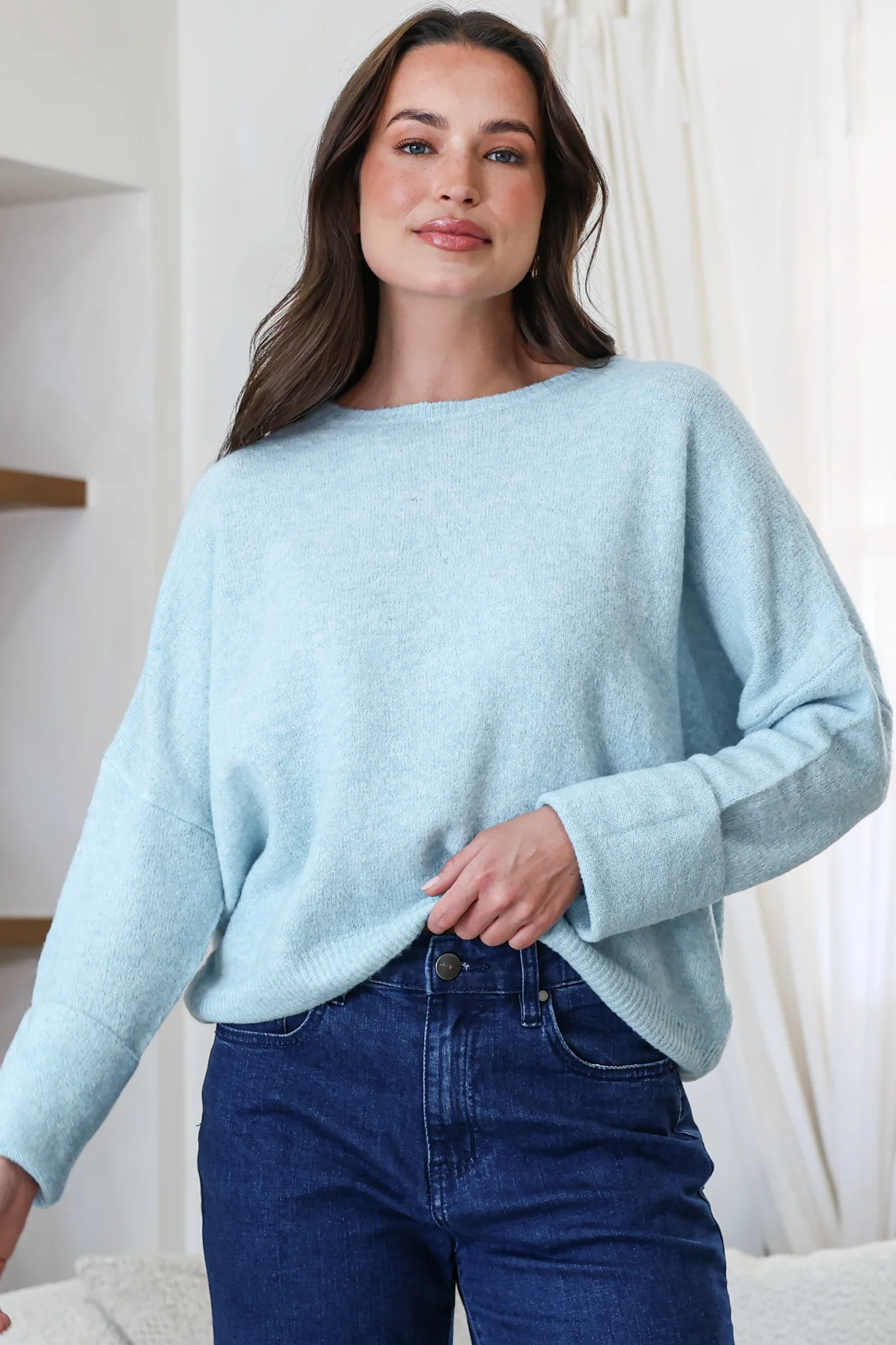 Joanne Knit Top - Crew Neckline Bat Wing Long Sleeve Top in Sky Blue - Image 4