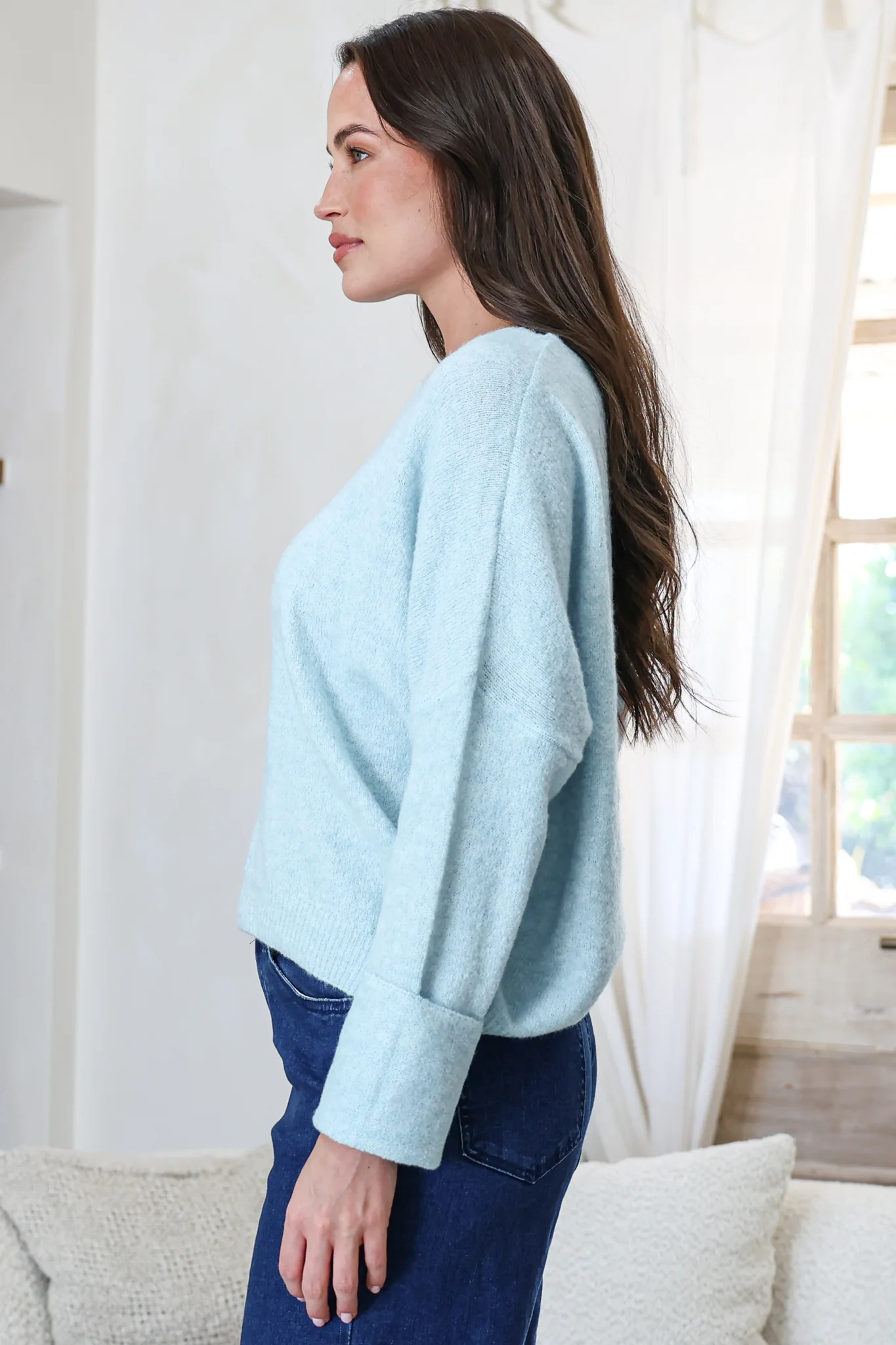 Joanne Knit Top - Crew Neckline Bat Wing Long Sleeve Top in Sky Blue - Image 7