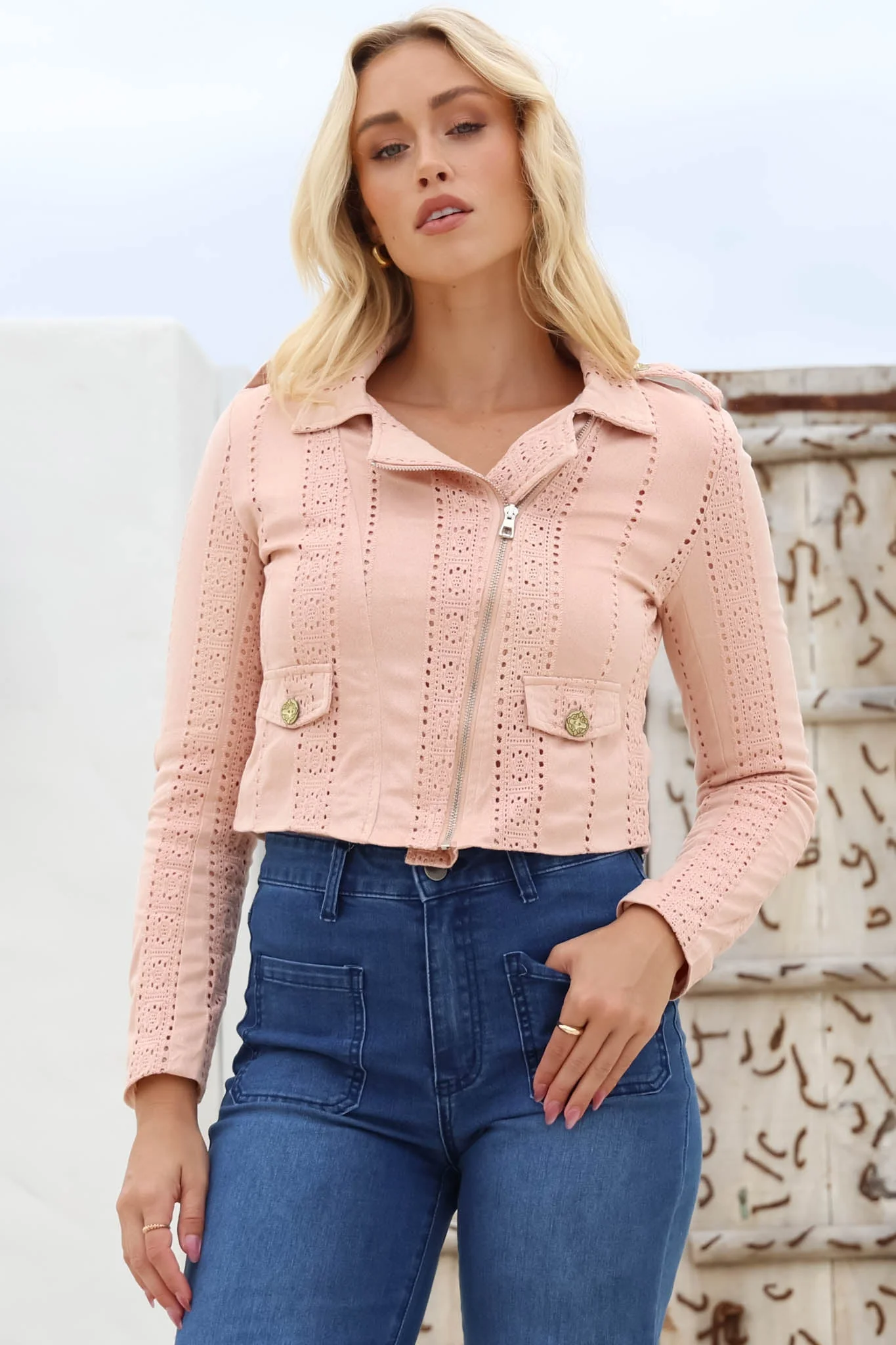 Jodi Jacket - Embroidered Detailing Biker Faux Suede Jacket in Blush - Image 10