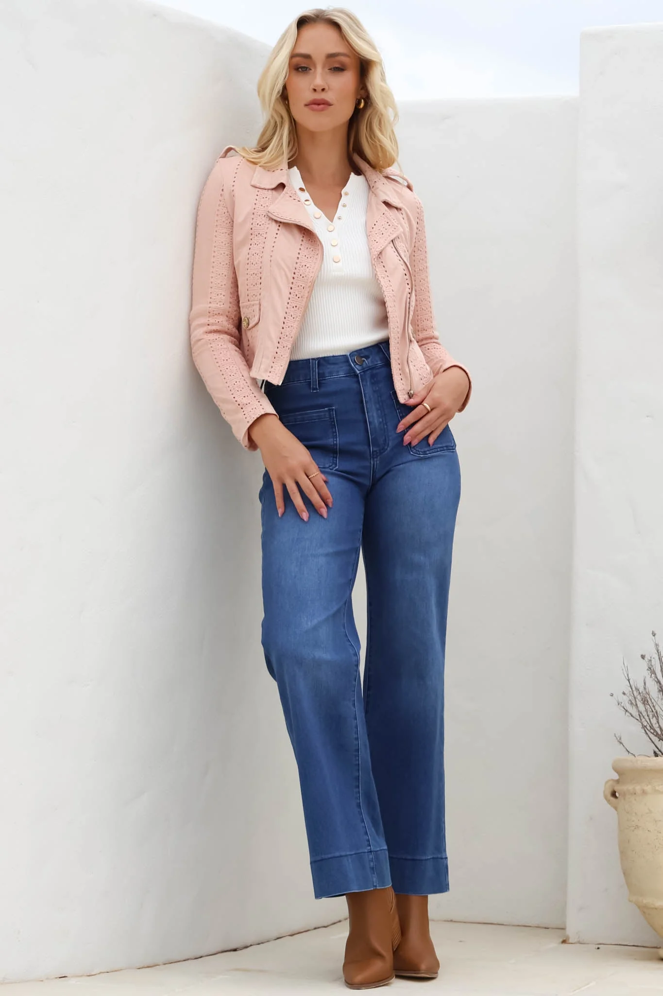 Jodi Jacket - Embroidered Detailing Biker Faux Suede Jacket in Blush - Image 13