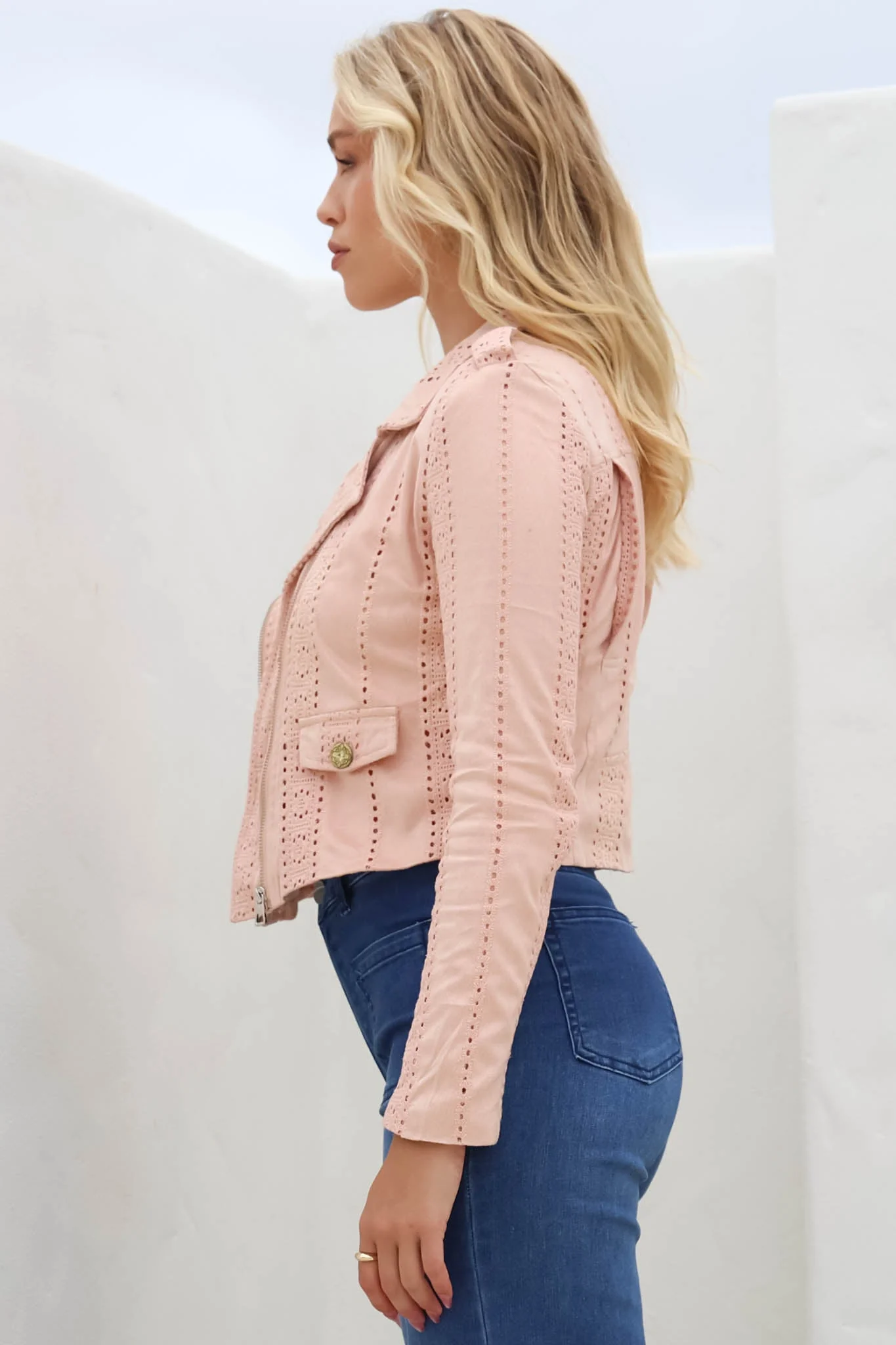 Jodi Jacket - Embroidered Detailing Biker Faux Suede Jacket in Blush - Image 18