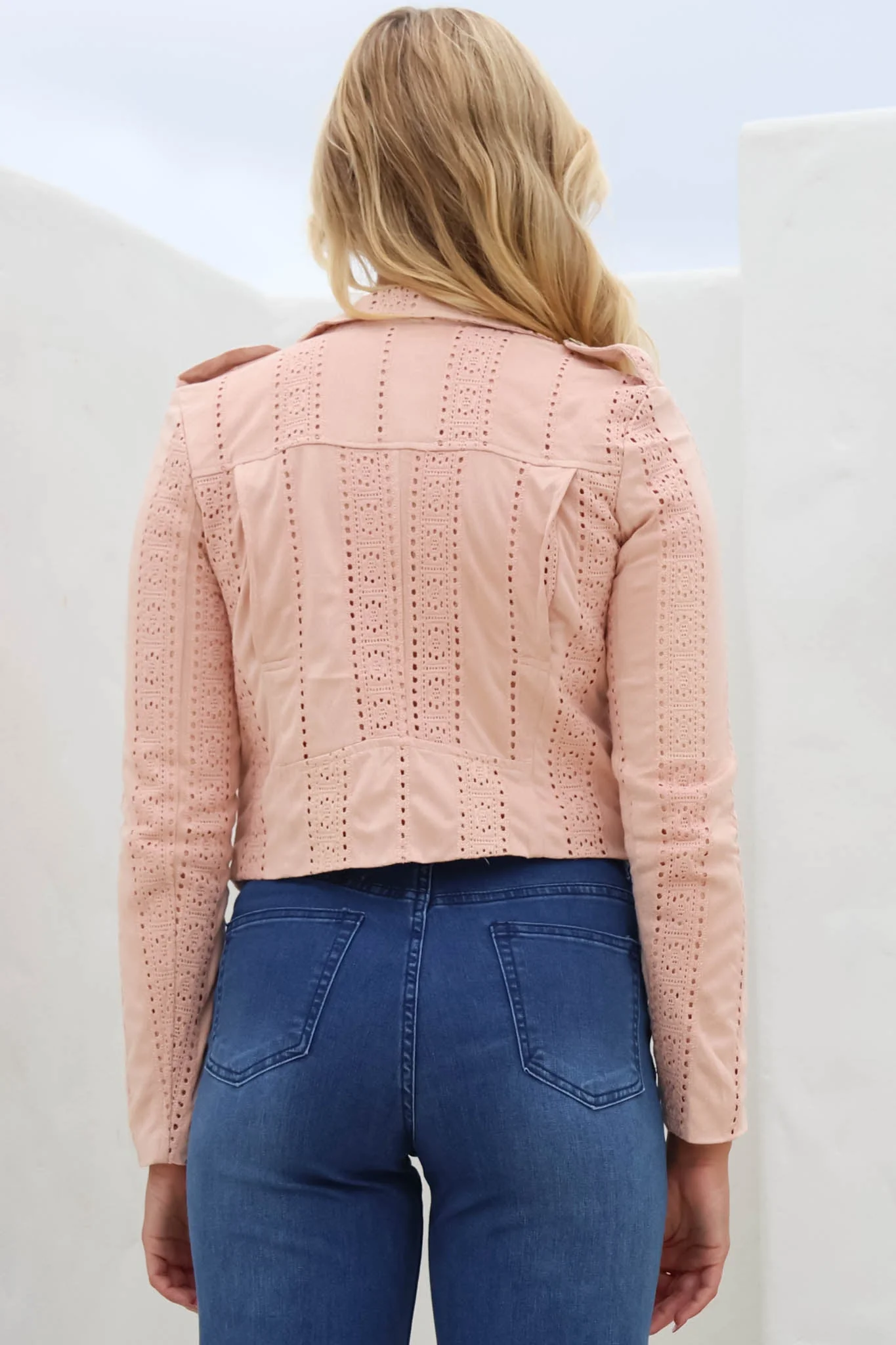 Jodi Jacket - Embroidered Detailing Biker Faux Suede Jacket in Blush - Image 20