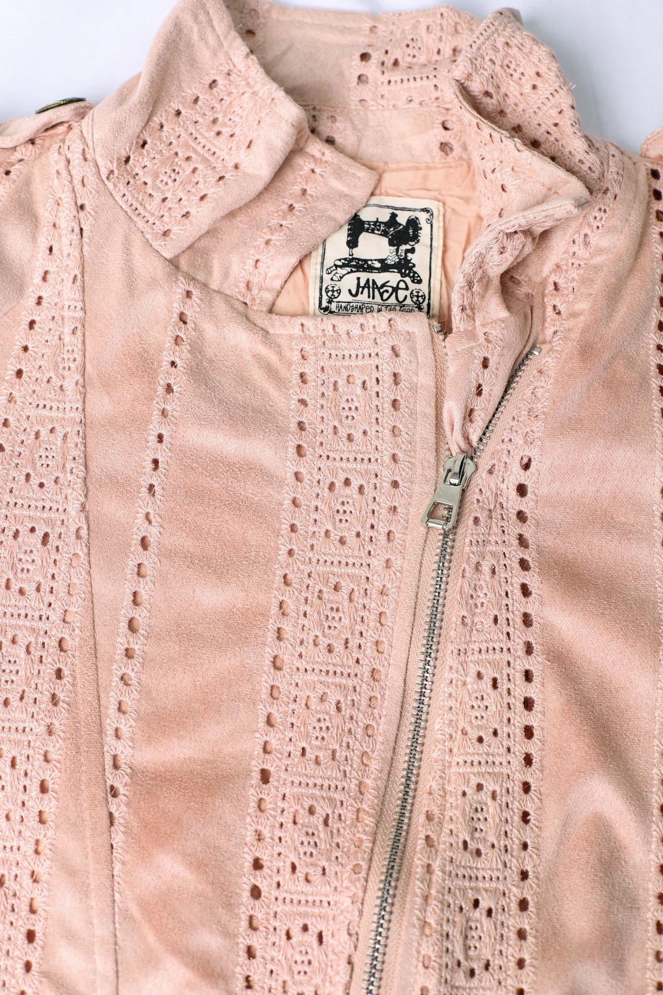 Jodi Jacket - Embroidered Detailing Biker Faux Suede Jacket in Blush - Image 22