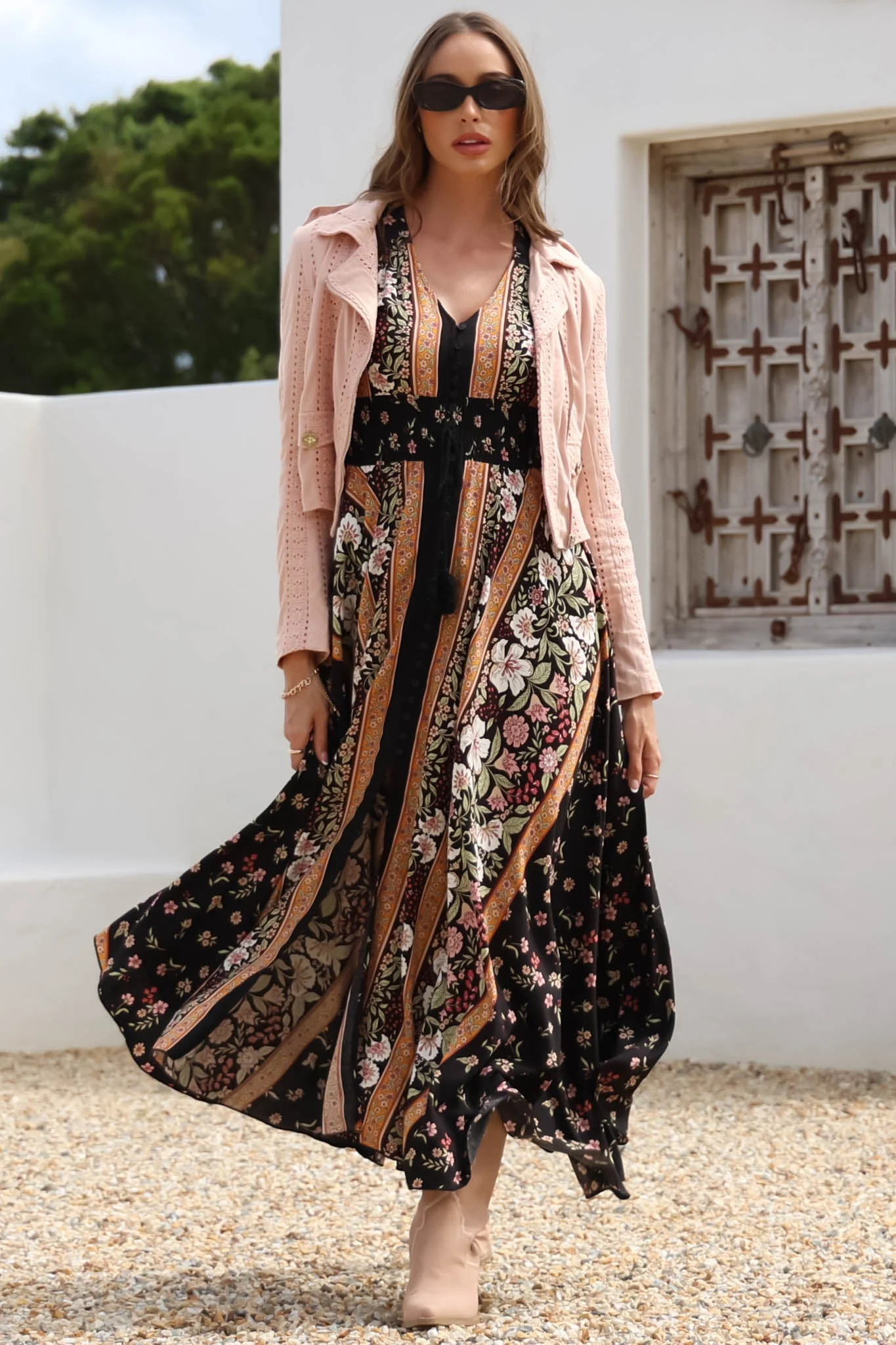 Jodi Jacket - Embroidered Detailing Biker Faux Suede Jacket in Blush - Image 3