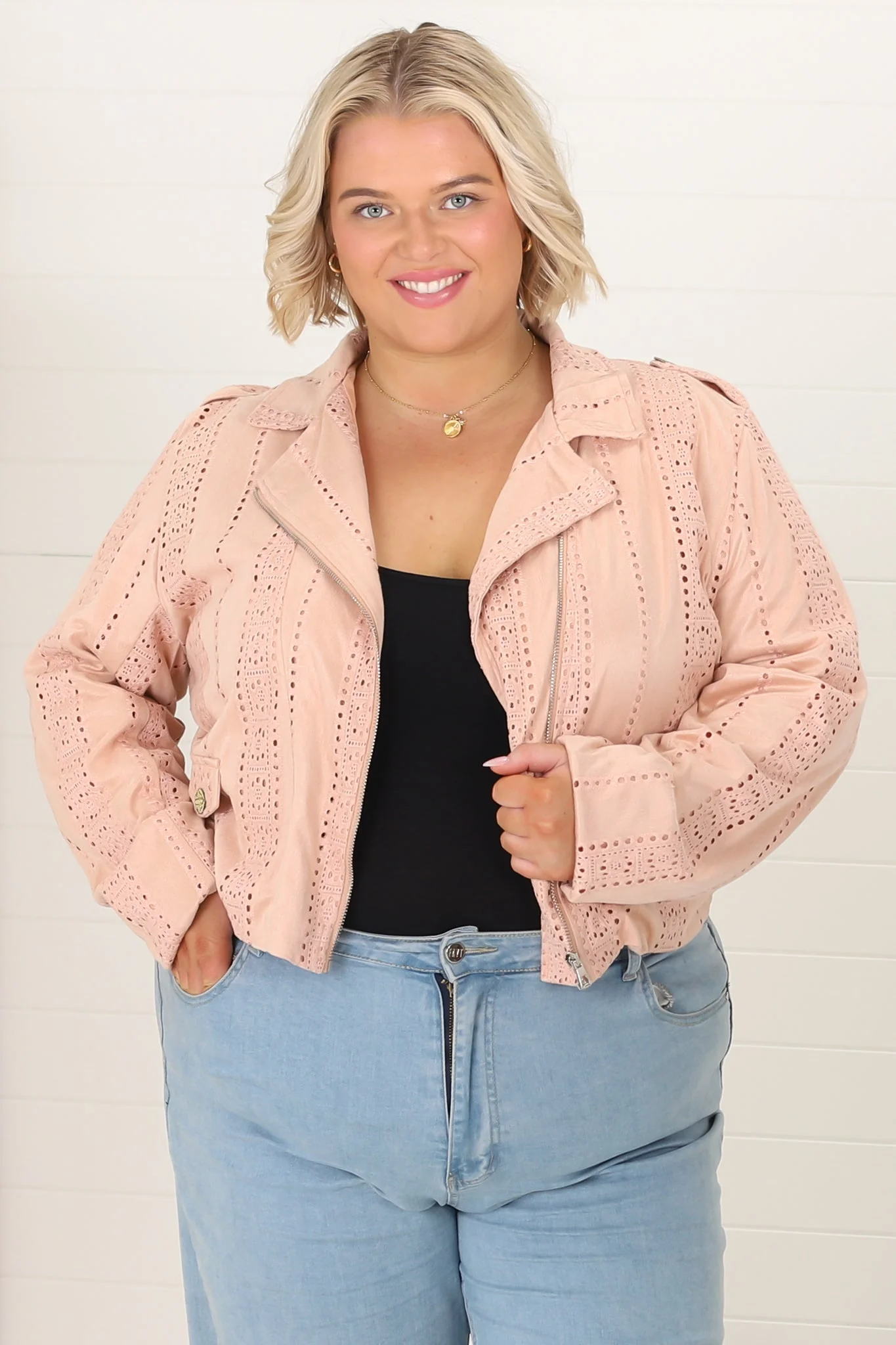 Jodi Jacket - Embroidered Detailing Biker Faux Suede Jacket in Blush - Image 5