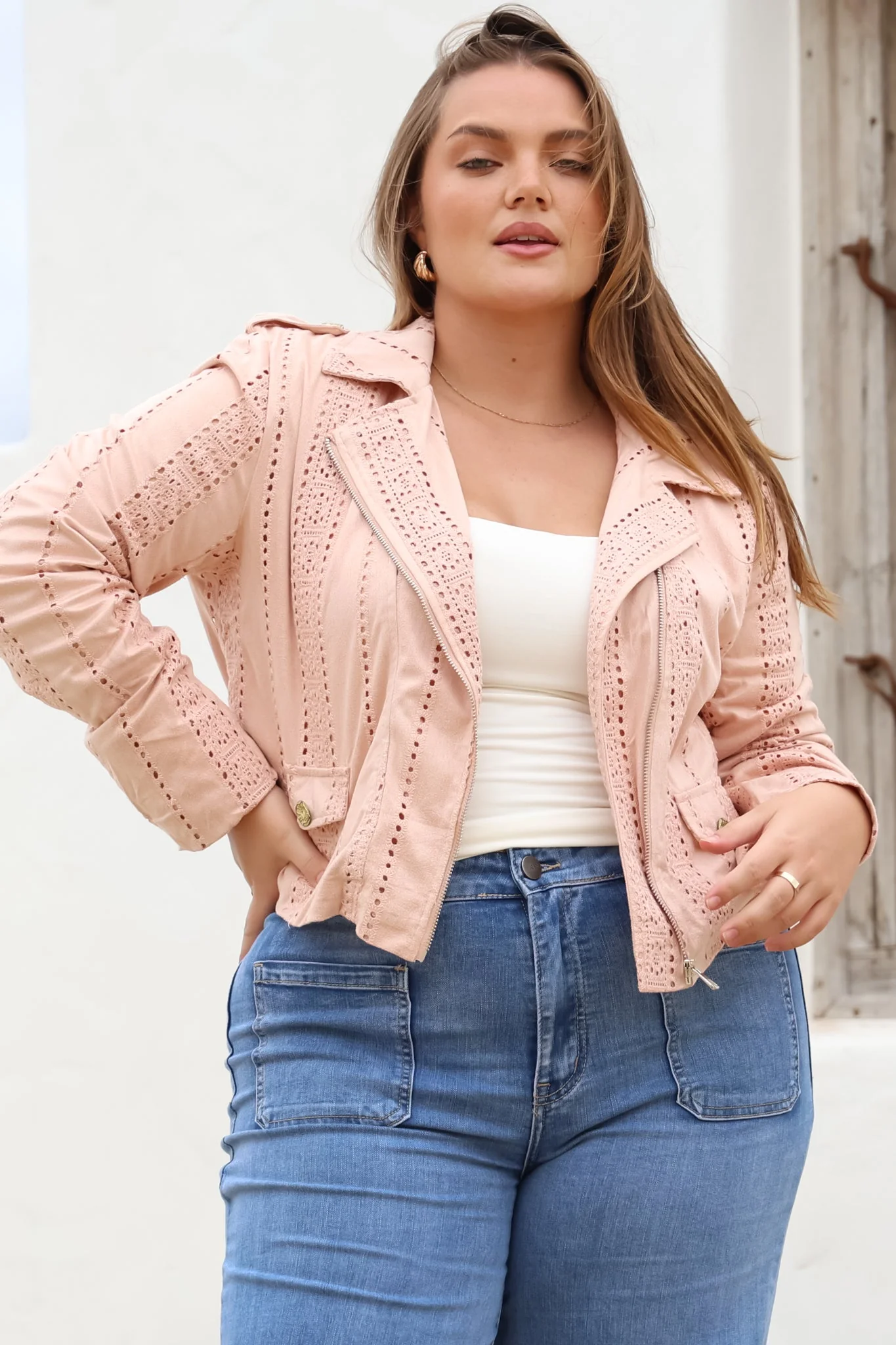 Jodi Jacket - Embroidered Detailing Biker Faux Suede Jacket in Blush - Image 7
