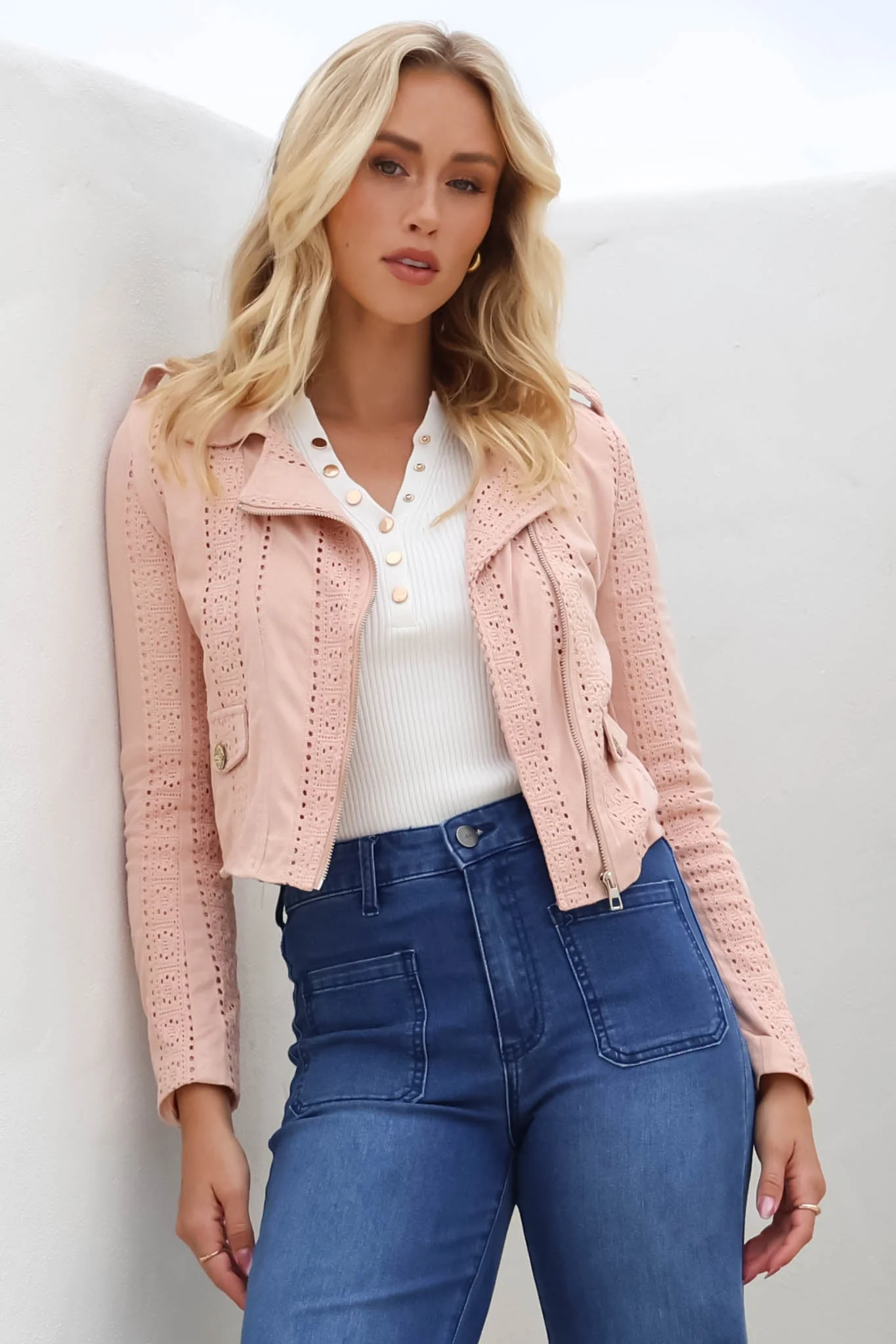 Jodi Jacket - Embroidered Detailing Biker Faux Suede Jacket in Blush - Image 8