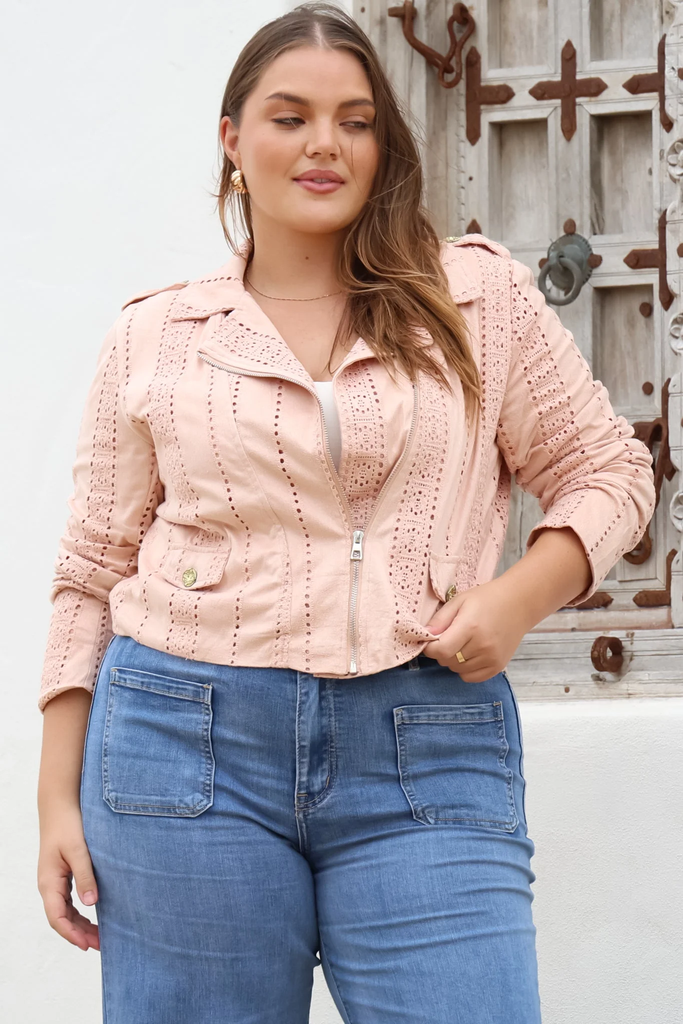 Jodi Jacket - Embroidered Detailing Biker Faux Suede Jacket in Blush - Image 9