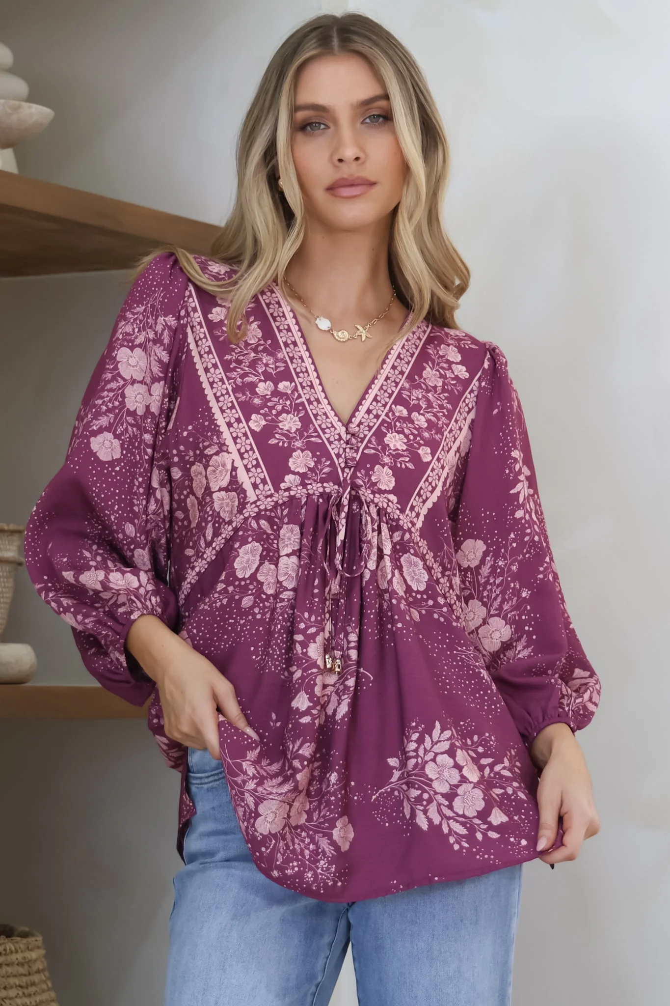Joelle Top - V Neck High-Low Top in Briella Print in Berry