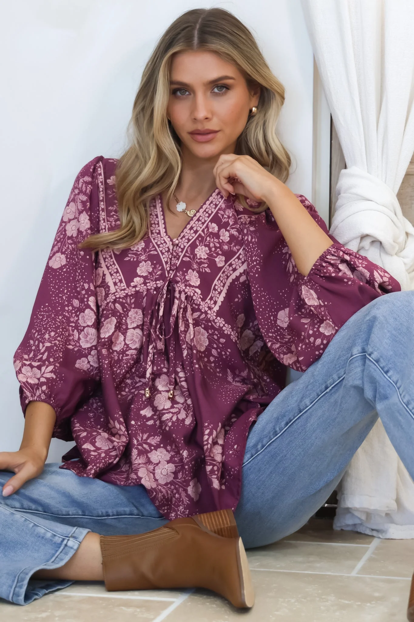 Joelle Top - V Neck High-Low Top in Briella Print in Berry - Image 2