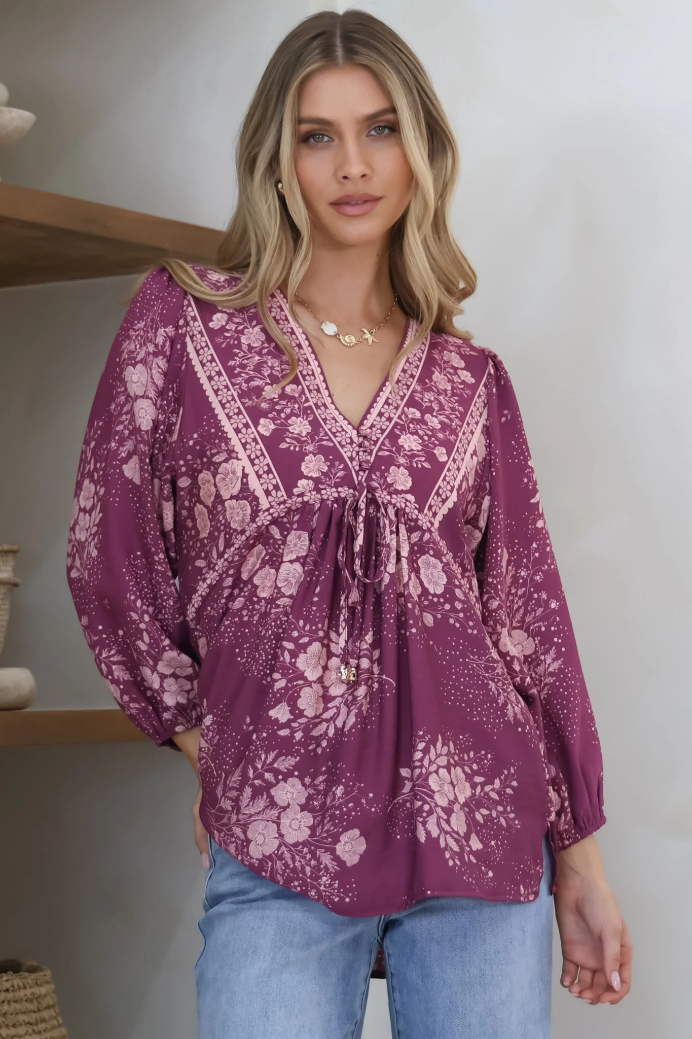 Joelle Top - V Neck High-Low Top in Briella Print in Berry - Image 3