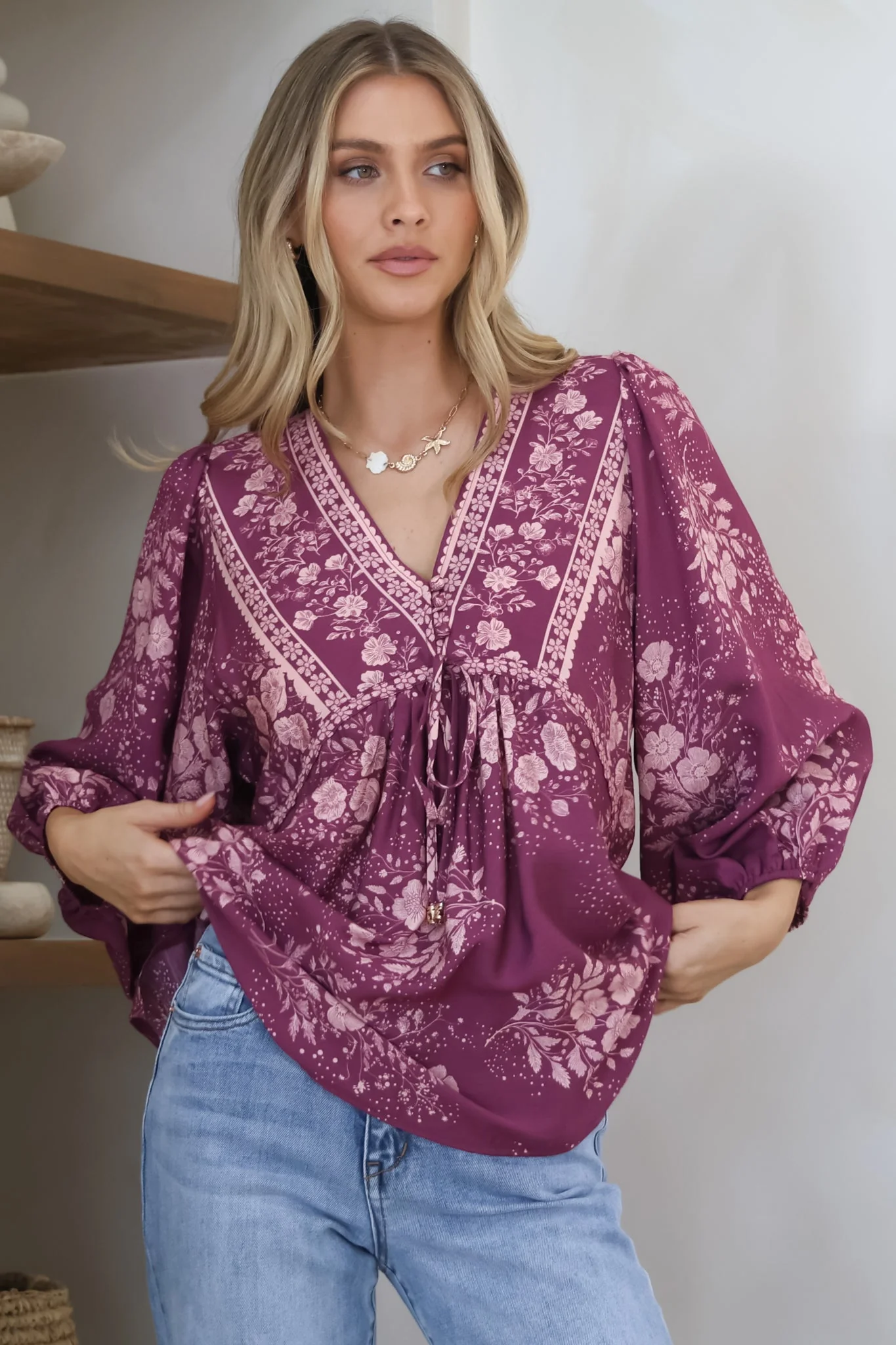 Joelle Top - V Neck High-Low Top in Briella Print in Berry - Image 5