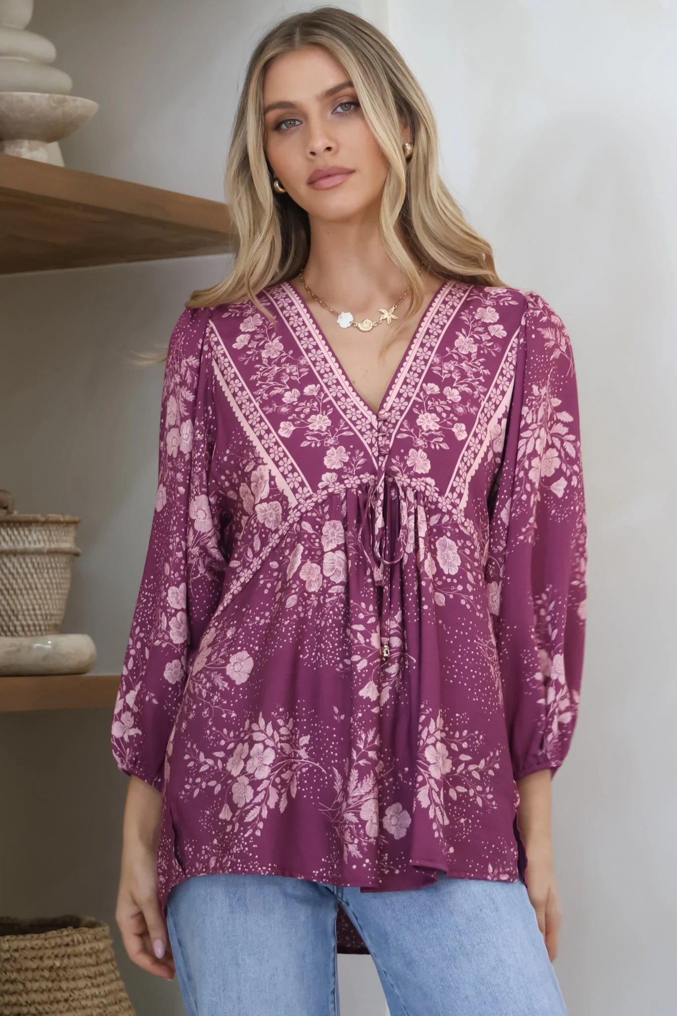 Joelle Top - V Neck High-Low Top in Briella Print in Berry - Image 6