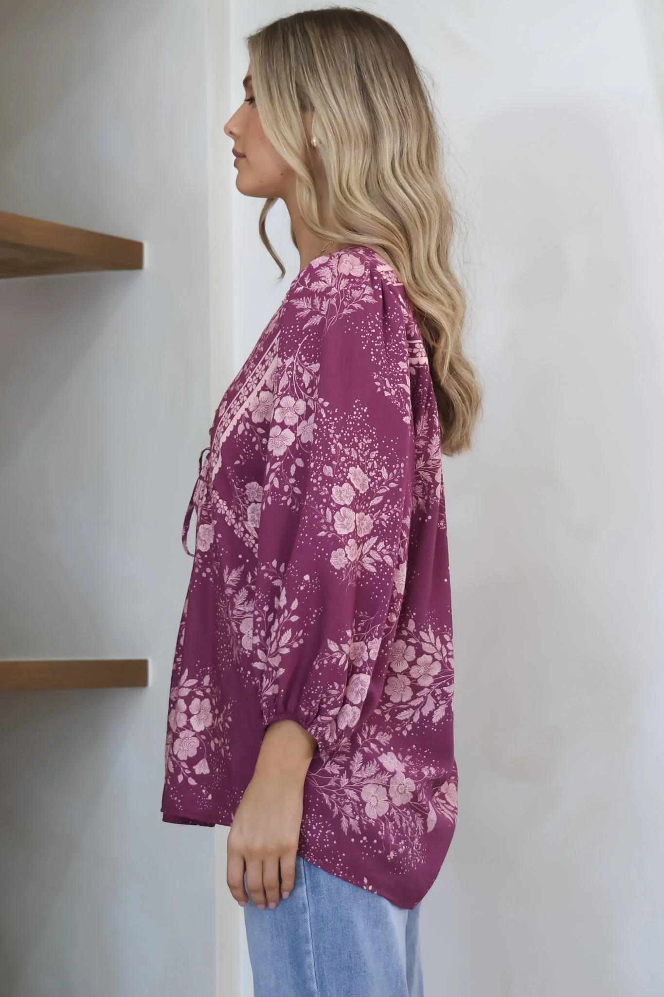 Joelle Top - V Neck High-Low Top in Briella Print in Berry - Image 7