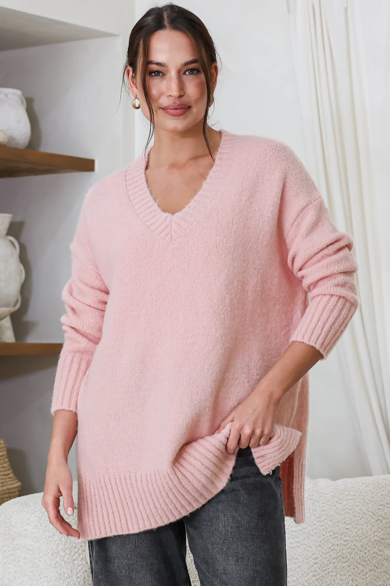 Jonas Jumper - Relaxed High-Low Jumper With Seam Splits In Baby Pink - Image 3
