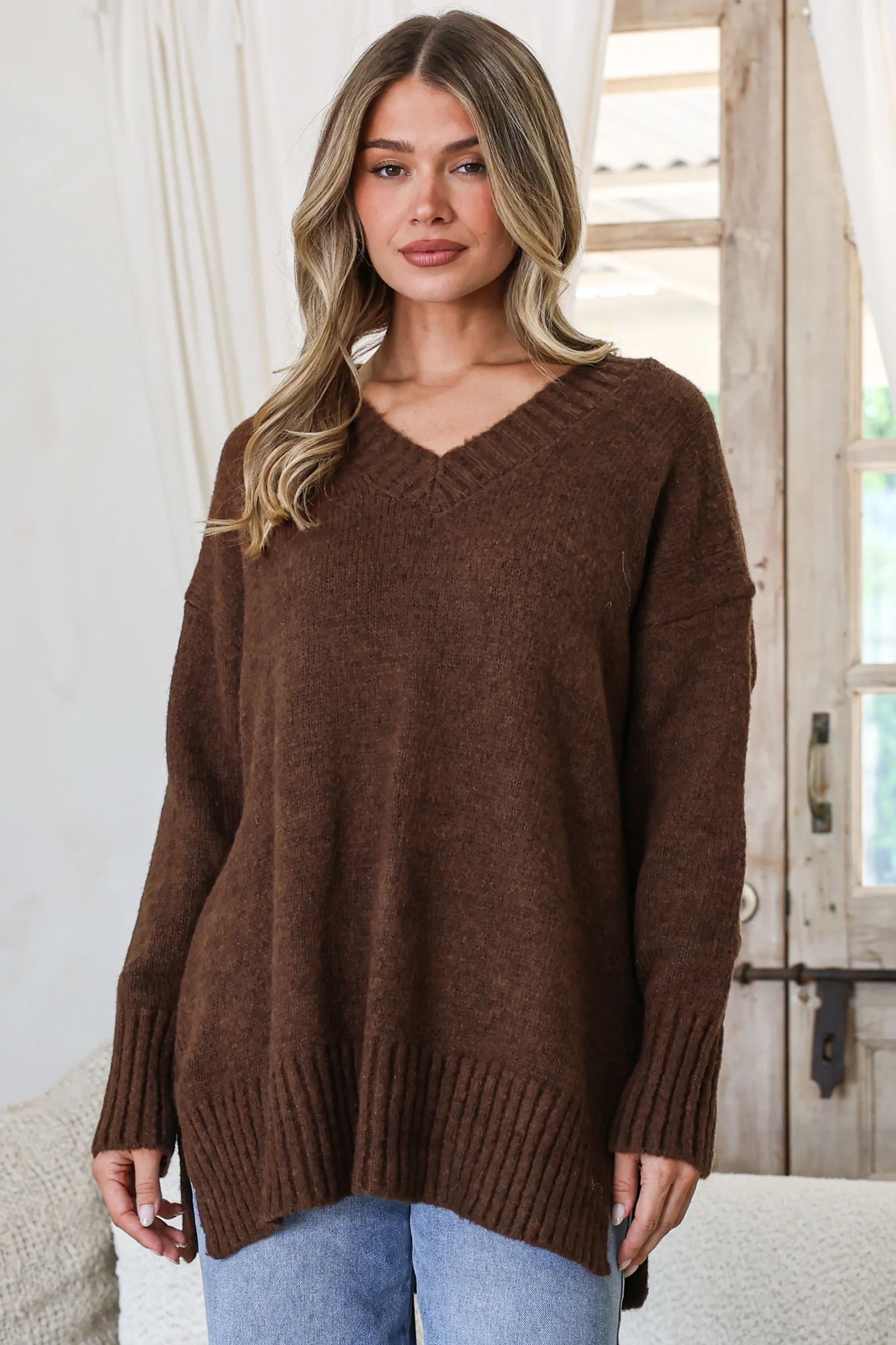 Jonas Jumper - Relaxed High-Low Jumper With Seam Splits In Coffee - Image 2