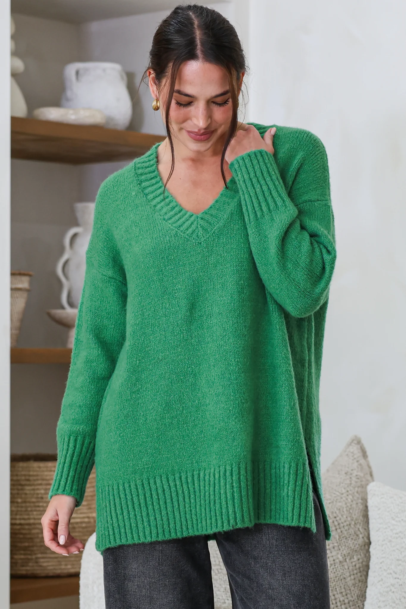Jonas Jumper - Relaxed High-Low Jumper With Seam Splits In Green - Image 3
