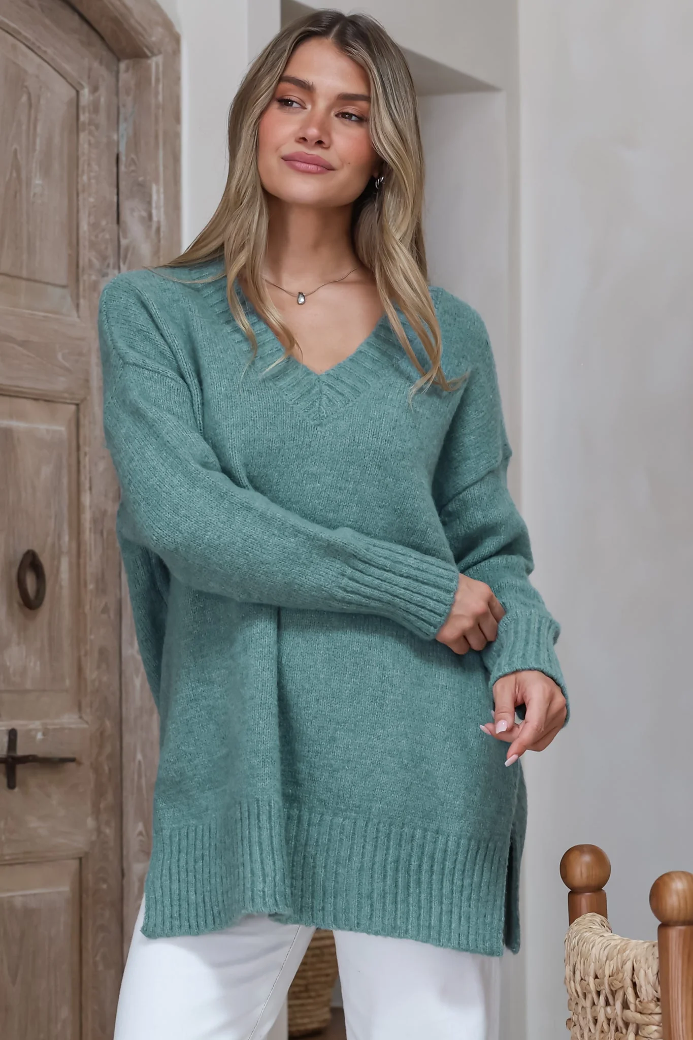 Jonas Jumper - Relaxed High-Low Jumper With Seam Splits In Teal - Image 2