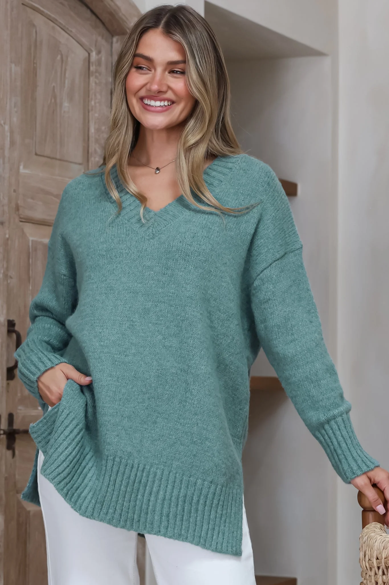 Jonas Jumper - Relaxed High-Low Jumper With Seam Splits In Teal - Image 3