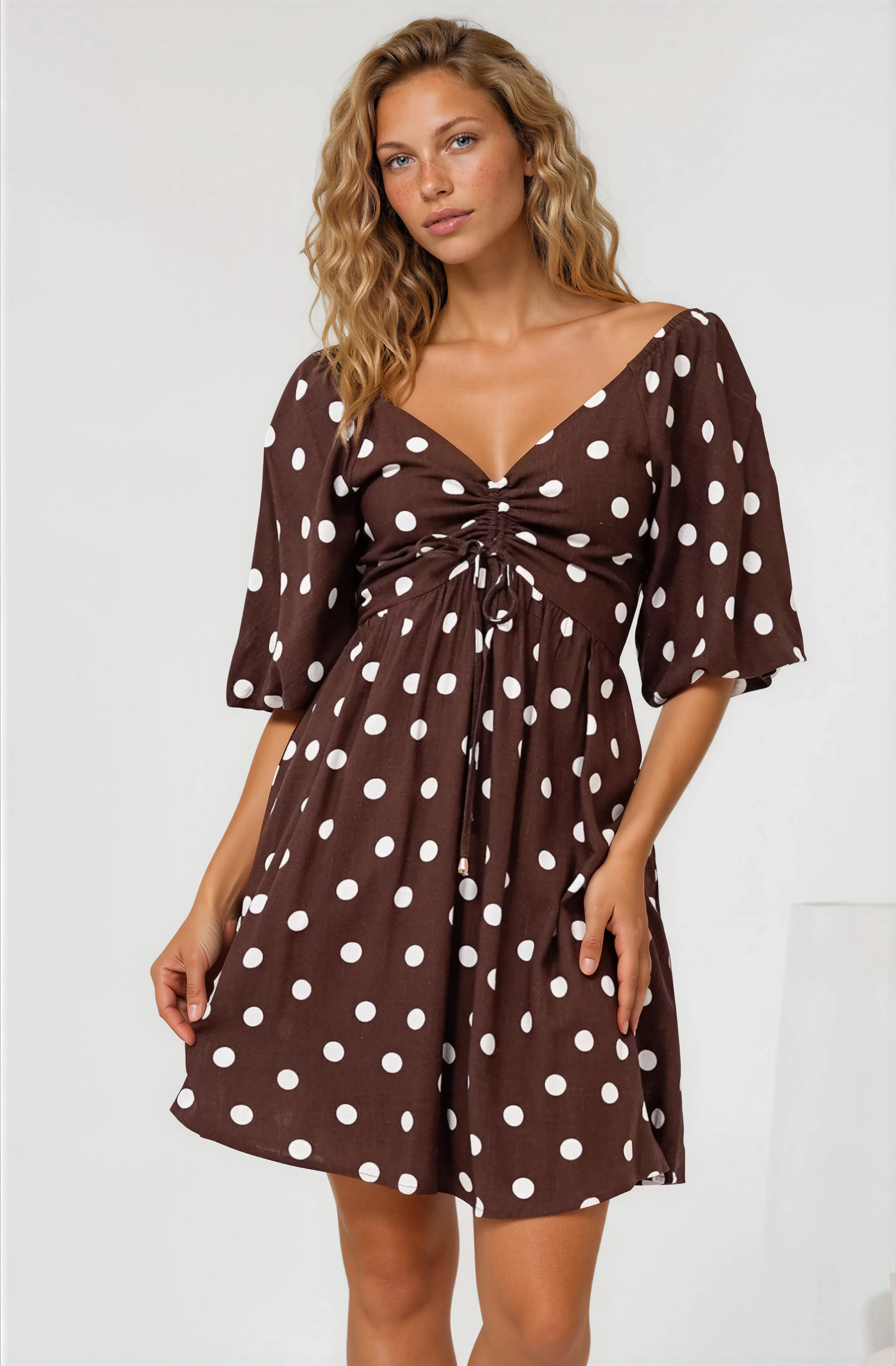 Justina Mini Dress - V-Neck Gathered Bodise On or Off Shoulder Mini Dress in Kitson Spot Print Chocolate - Image 2