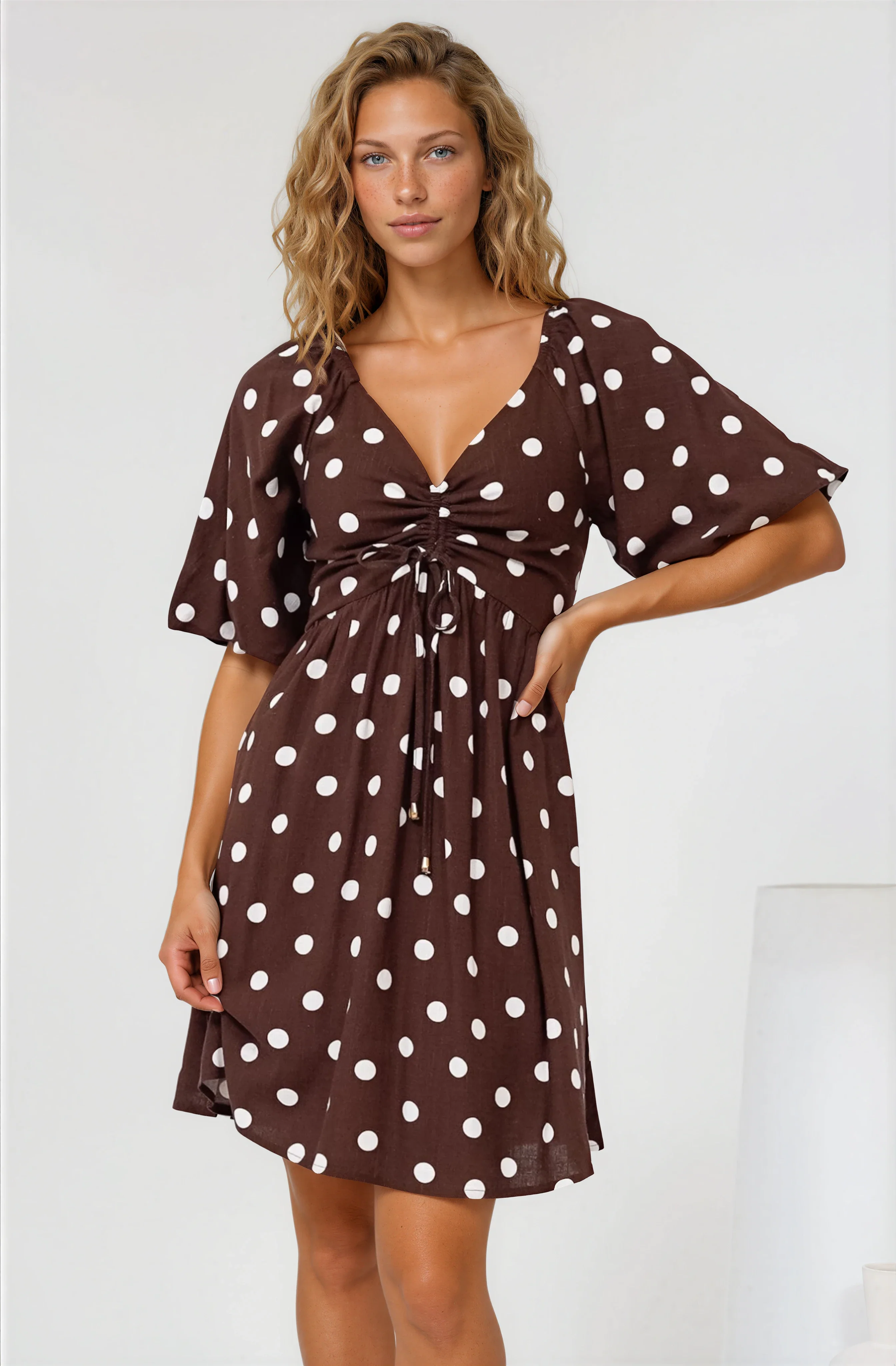Justina Mini Dress - V-Neck Gathered Bodise On or Off Shoulder Mini Dress in Kitson Spot Print Chocolate - Image 3