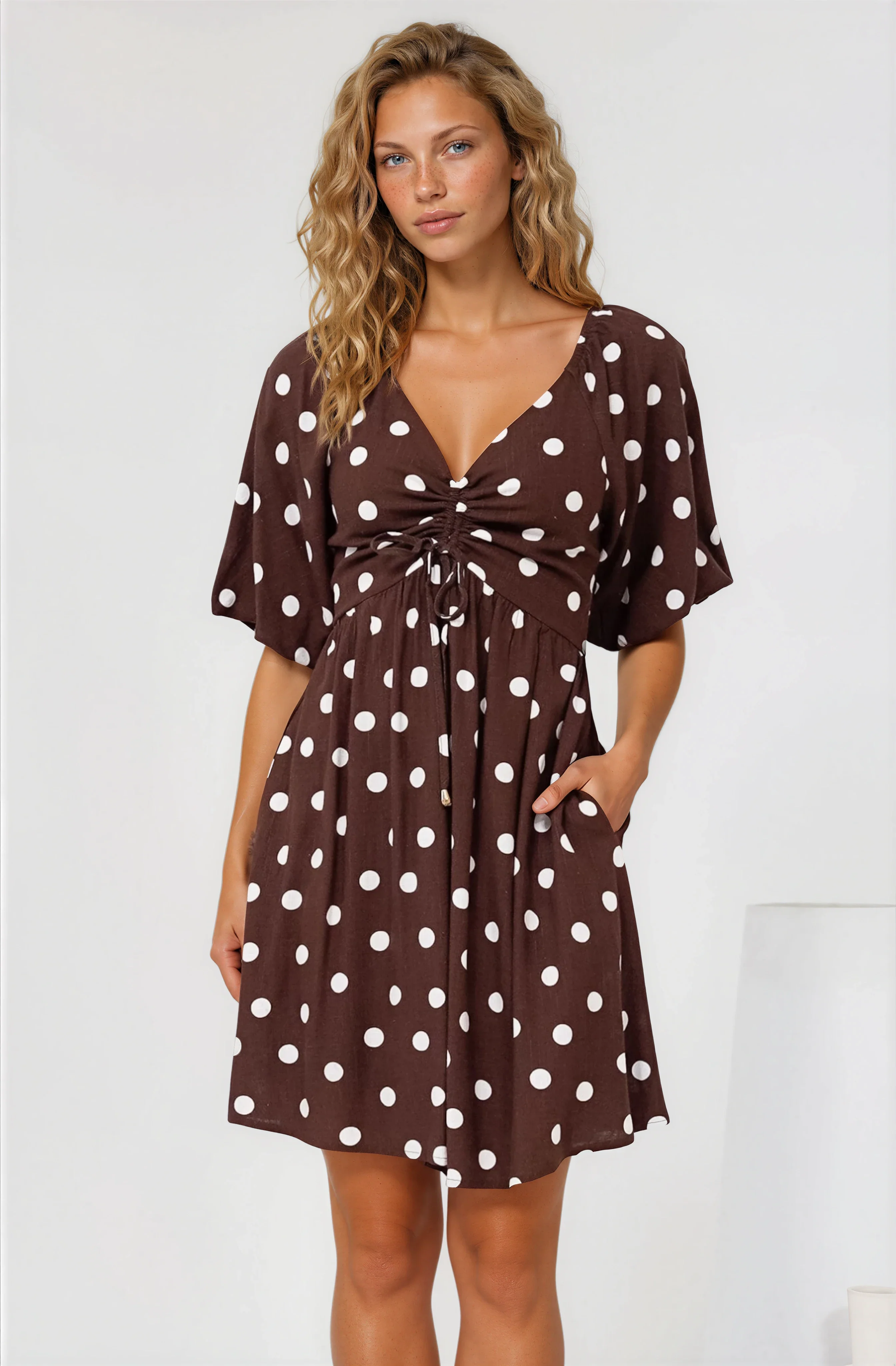 Justina Mini Dress - V-Neck Gathered Bodise On or Off Shoulder Mini Dress in Kitson Spot Print Chocolate - Image 4