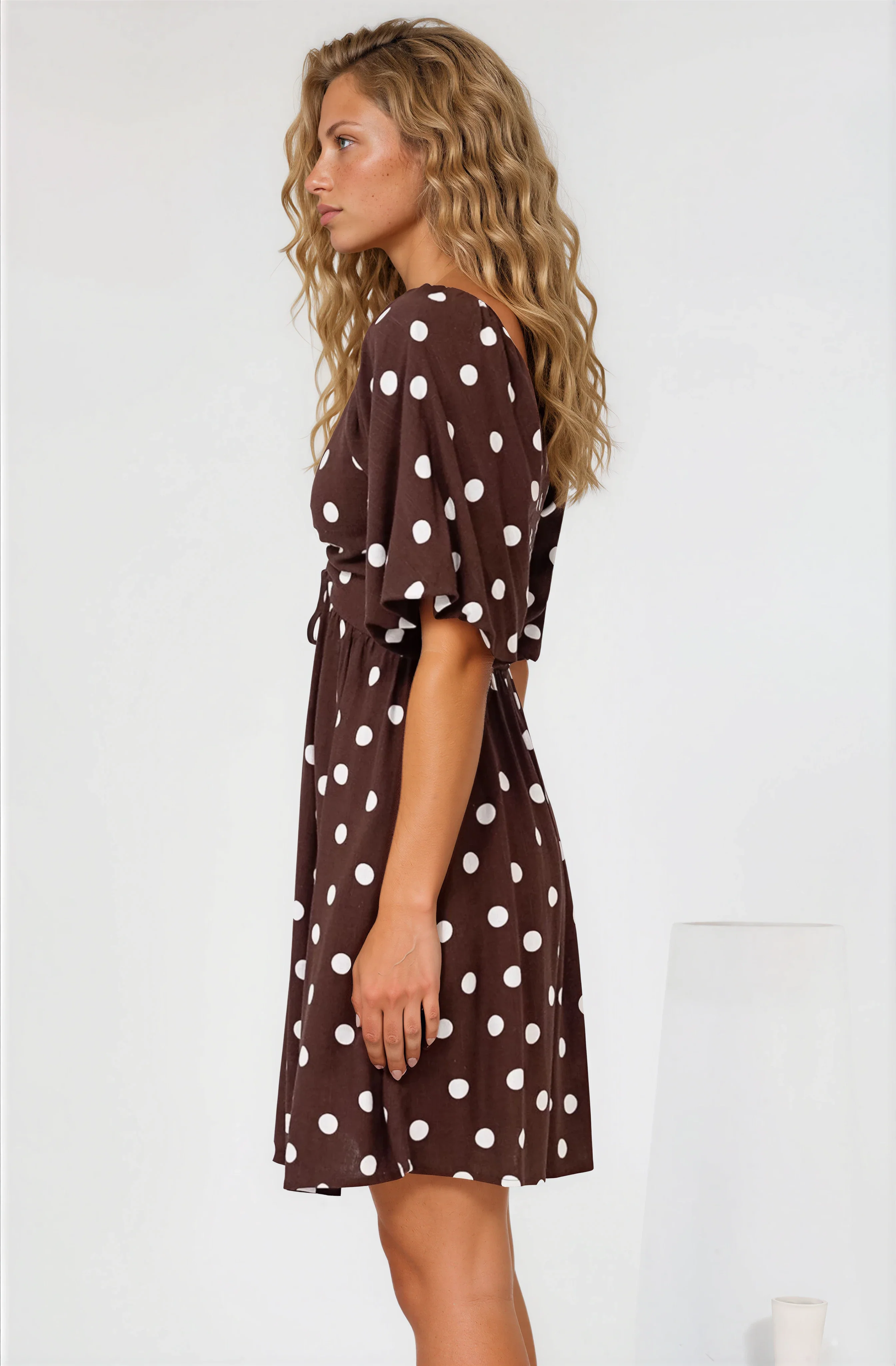 Justina Mini Dress - V-Neck Gathered Bodise On or Off Shoulder Mini Dress in Kitson Spot Print Chocolate - Image 5