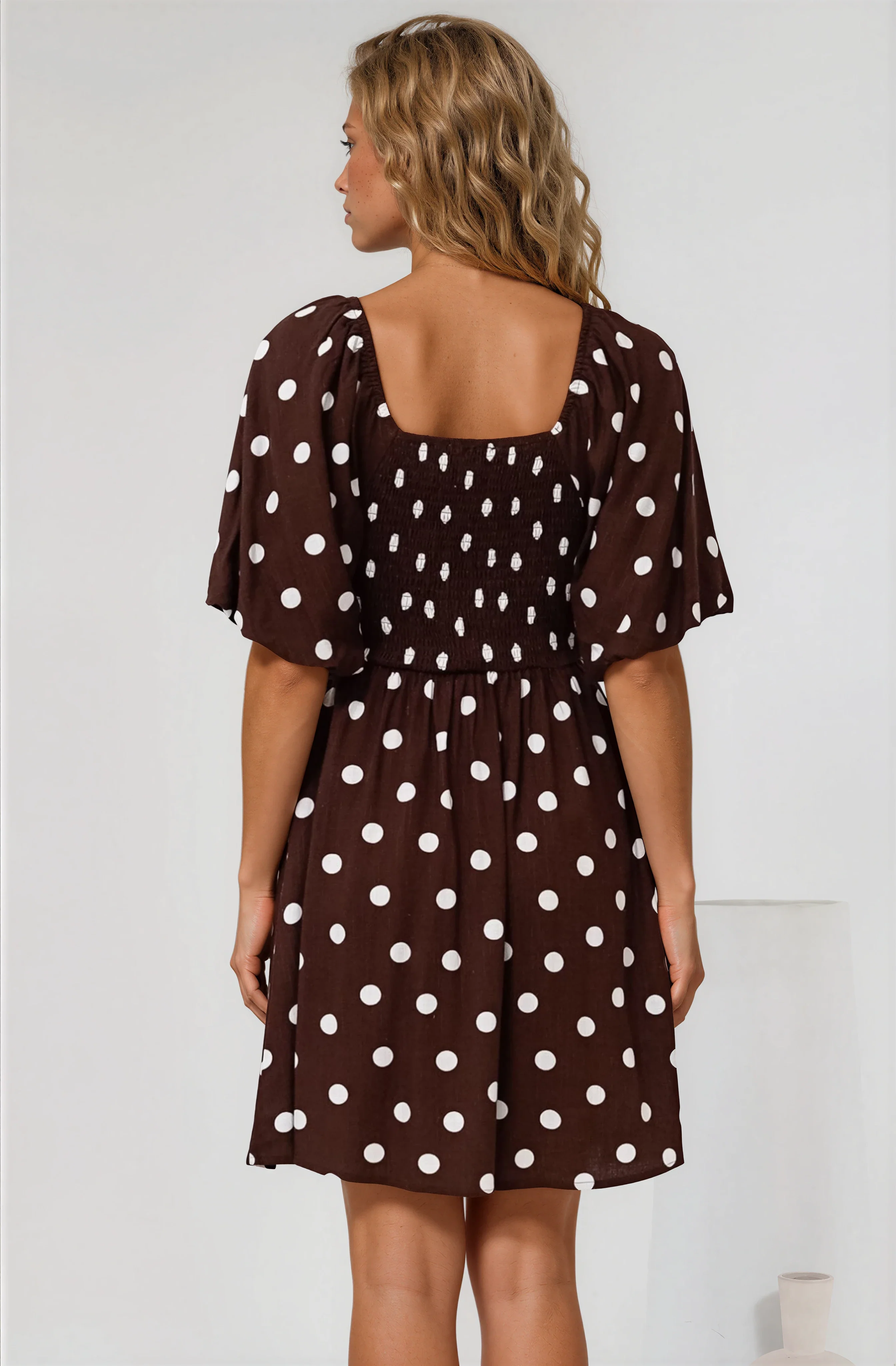 Justina Mini Dress - V-Neck Gathered Bodise On or Off Shoulder Mini Dress in Kitson Spot Print Chocolate - Image 6