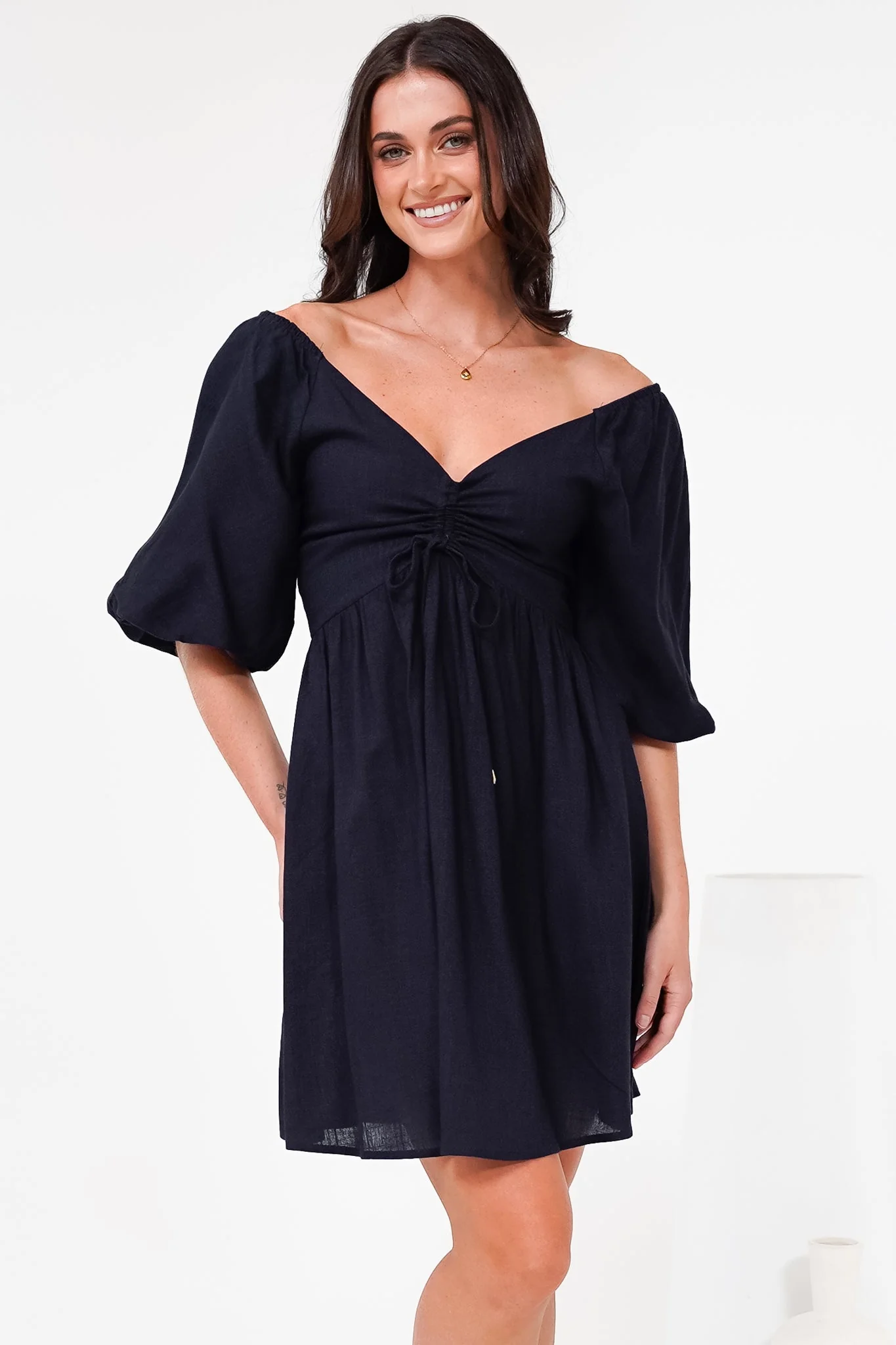 Justina Mini Dress - V-Neck Gathered Bodise On or Off Shoulder Mini Dress in Navy - Image 2
