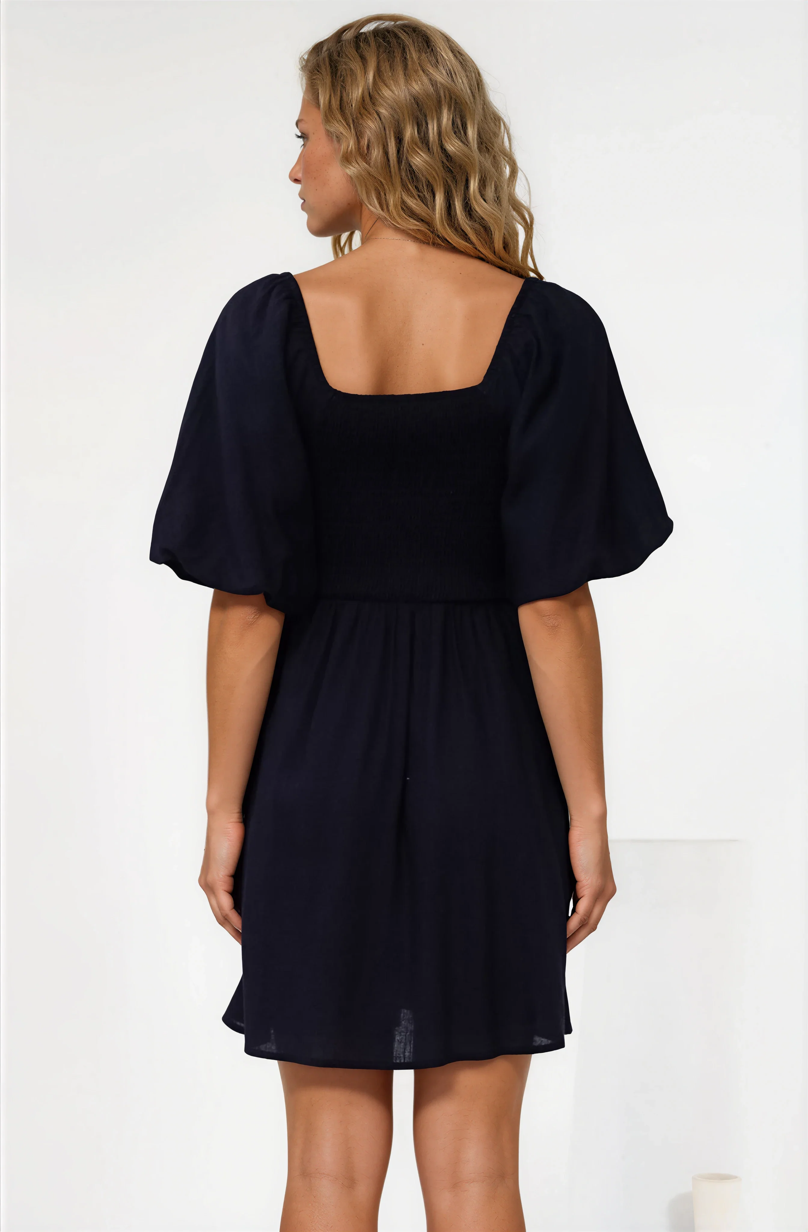 Justina Mini Dress - V-Neck Gathered Bodise On or Off Shoulder Mini Dress in Navy - Image 9