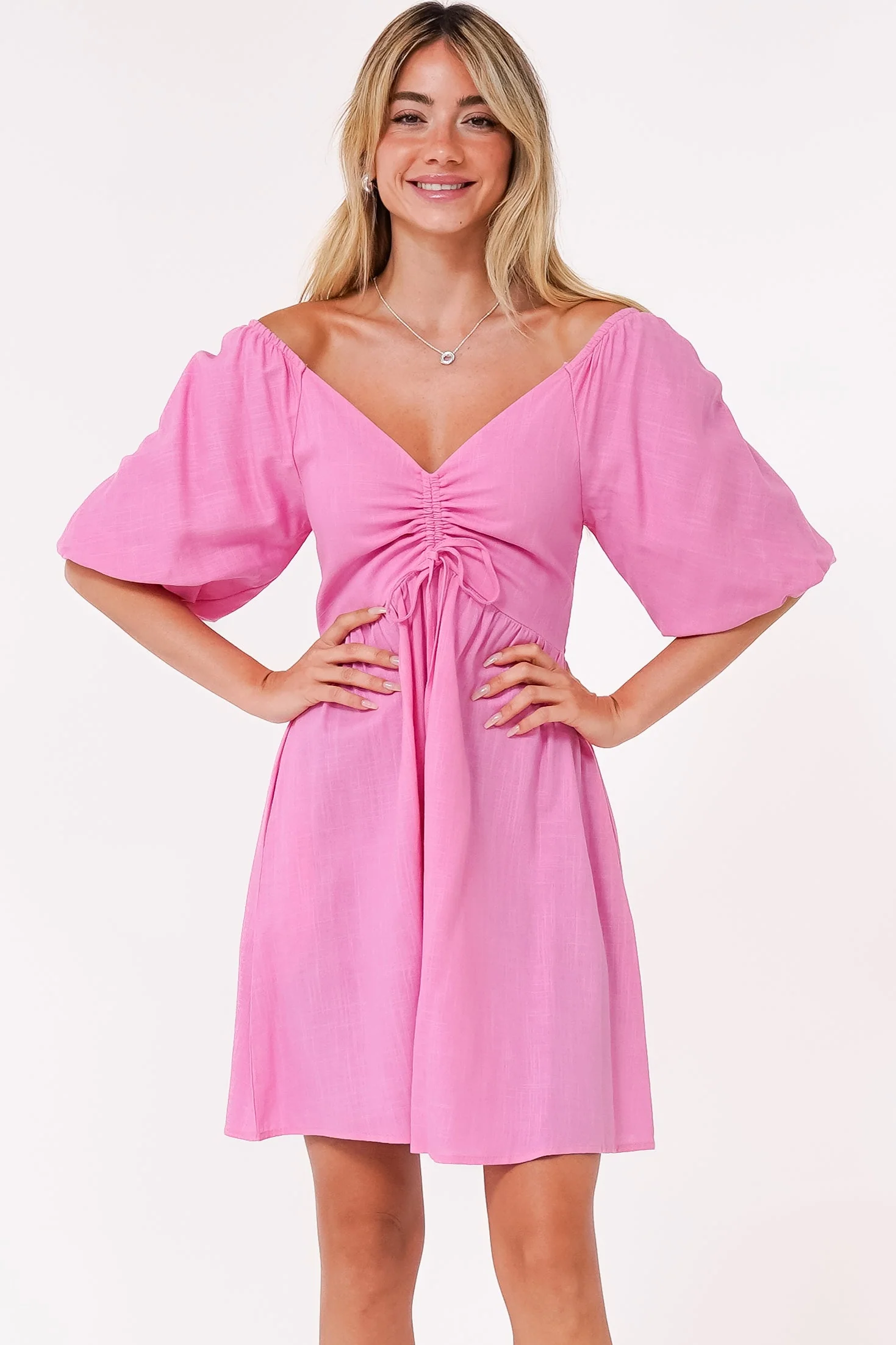 Justina Mini Dress - V-Neck Gathered Bodise On or Off Shoulder Mini Dress in Pink - Image 2
