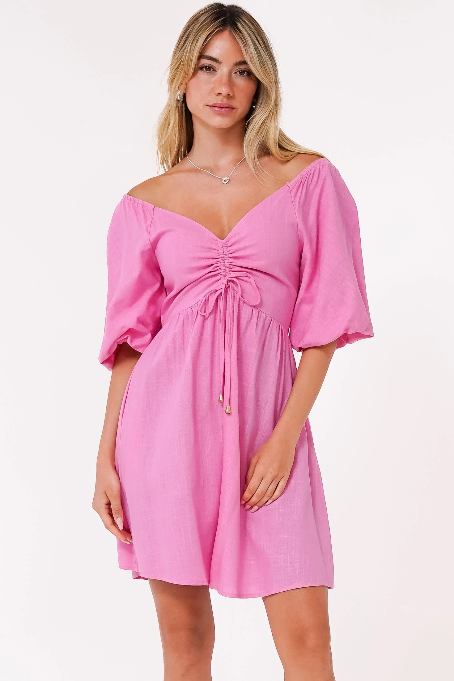 Justina Mini Dress - V-Neck Gathered Bodise On or Off Shoulder Mini Dress in Pink - Image 3