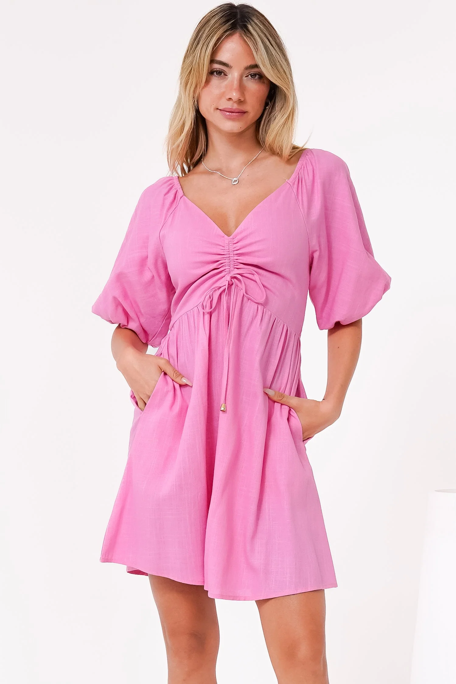 Justina Mini Dress - V-Neck Gathered Bodise On or Off Shoulder Mini Dress in Pink - Image 5