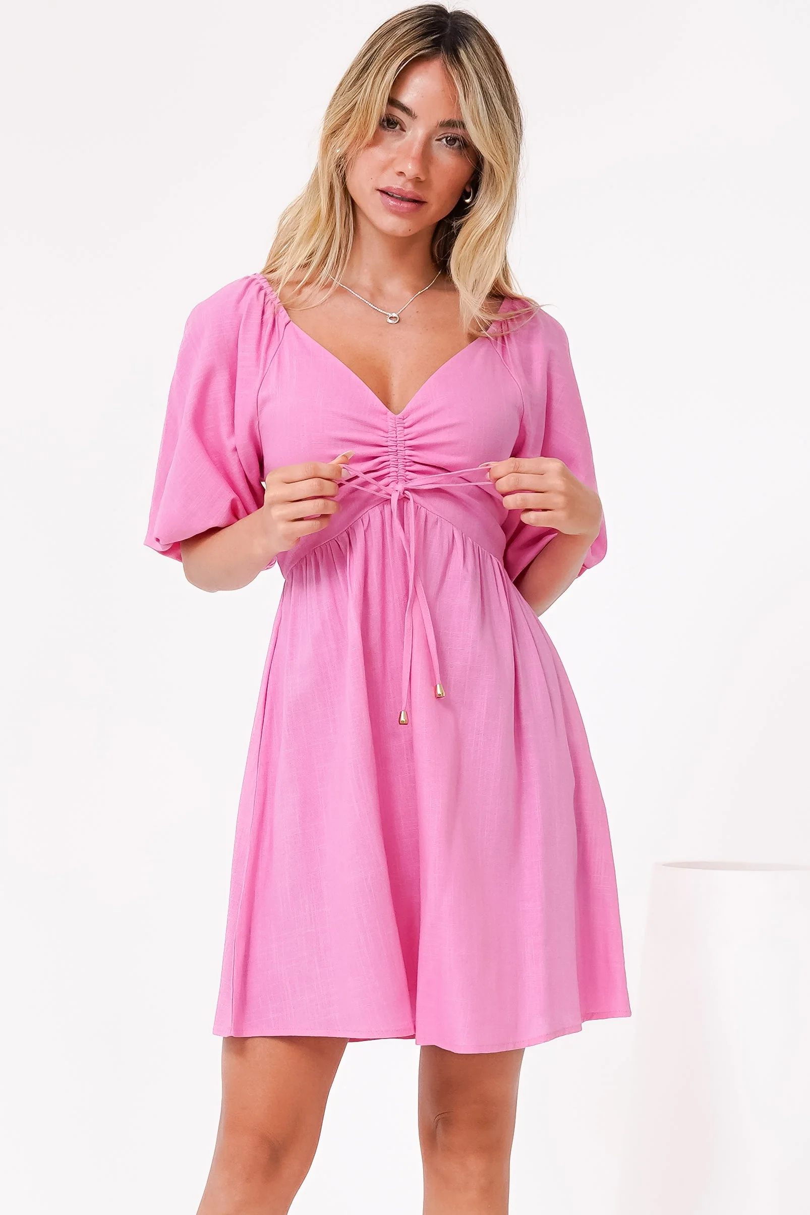 Justina Mini Dress - V-Neck Gathered Bodise On or Off Shoulder Mini Dress in Pink - Image 6